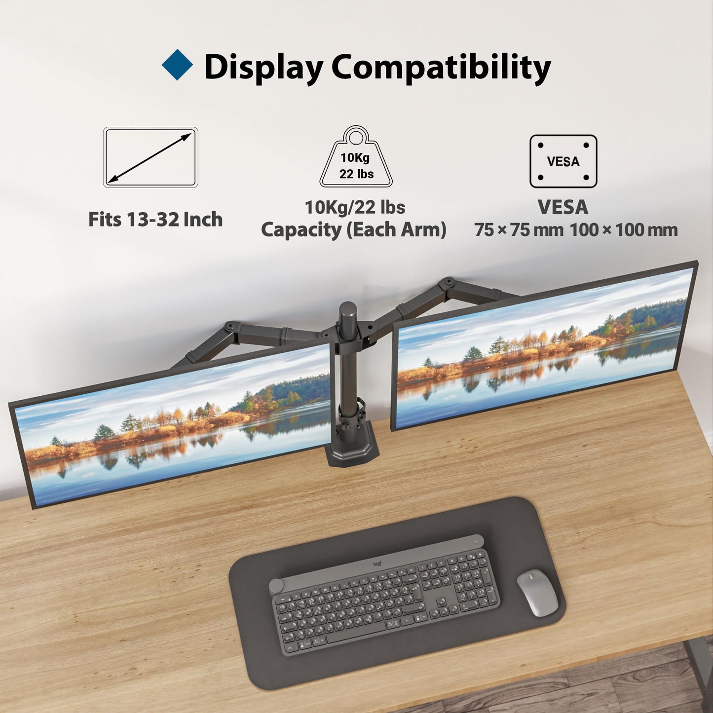 BONTEC Dual Monitor Arm for 13-32 inch LCD LED PC Screens, Height Adjustable 360° Rotation, 90° Tilt and Swivel, 22 lb per Arm, Desk Clamp or Grommet Mount, Cable Management,Black