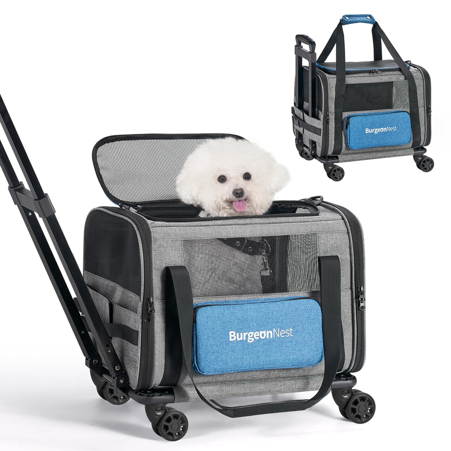 BurgeonNest Cat Carrier with Wheels, 16.5“X11 X11 Airline Approved Rolling Pet Carrier with Telescopic Handle and Shoulder Strap, Small Dogs Pets Under 15 lbs