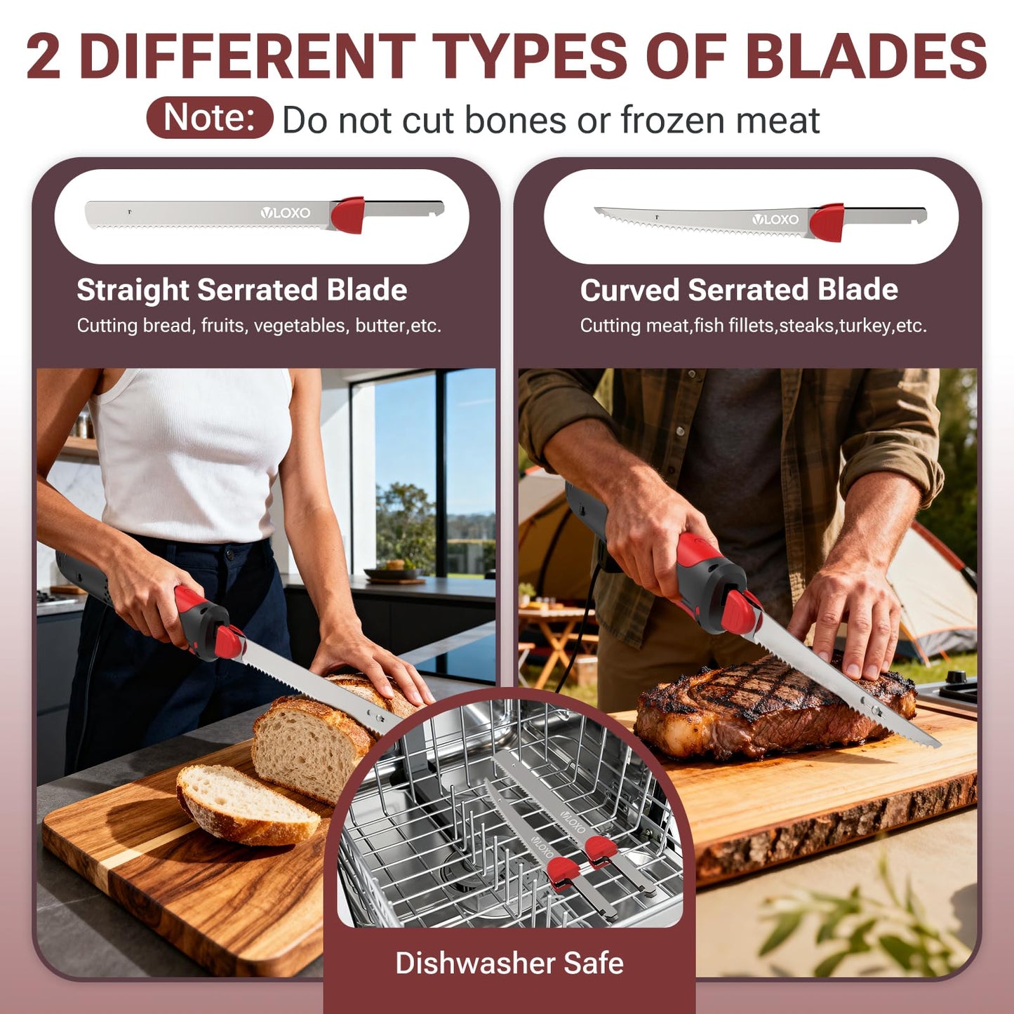 VLOXO Cordless Electric Knife for Bread and Meat Slicing, Rechargeable Electric Carving Knife with Safety Lock & 2 Reciprocating Blades, Ergonomic Anti-Slip Meat Cutter for Turkey, Fish Fillet, Steak