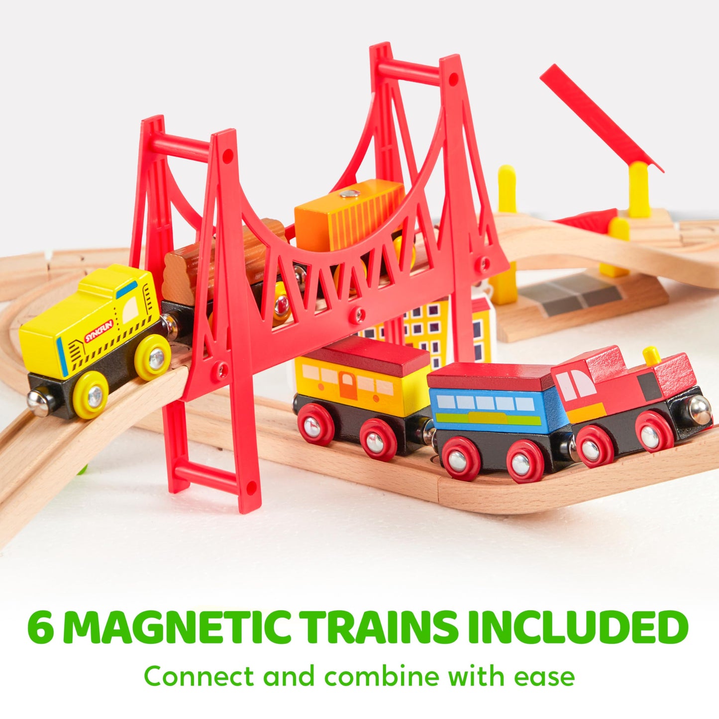110PCS Montessori Wooden Train Set - Urban Journey, City Scene Railway Set with Magnetic Trains, Cars, Helicopter & Ship, Perfect Xmas Birthday Party Toy Gift for Kids Toddlers Boys Girls Ages 3-8