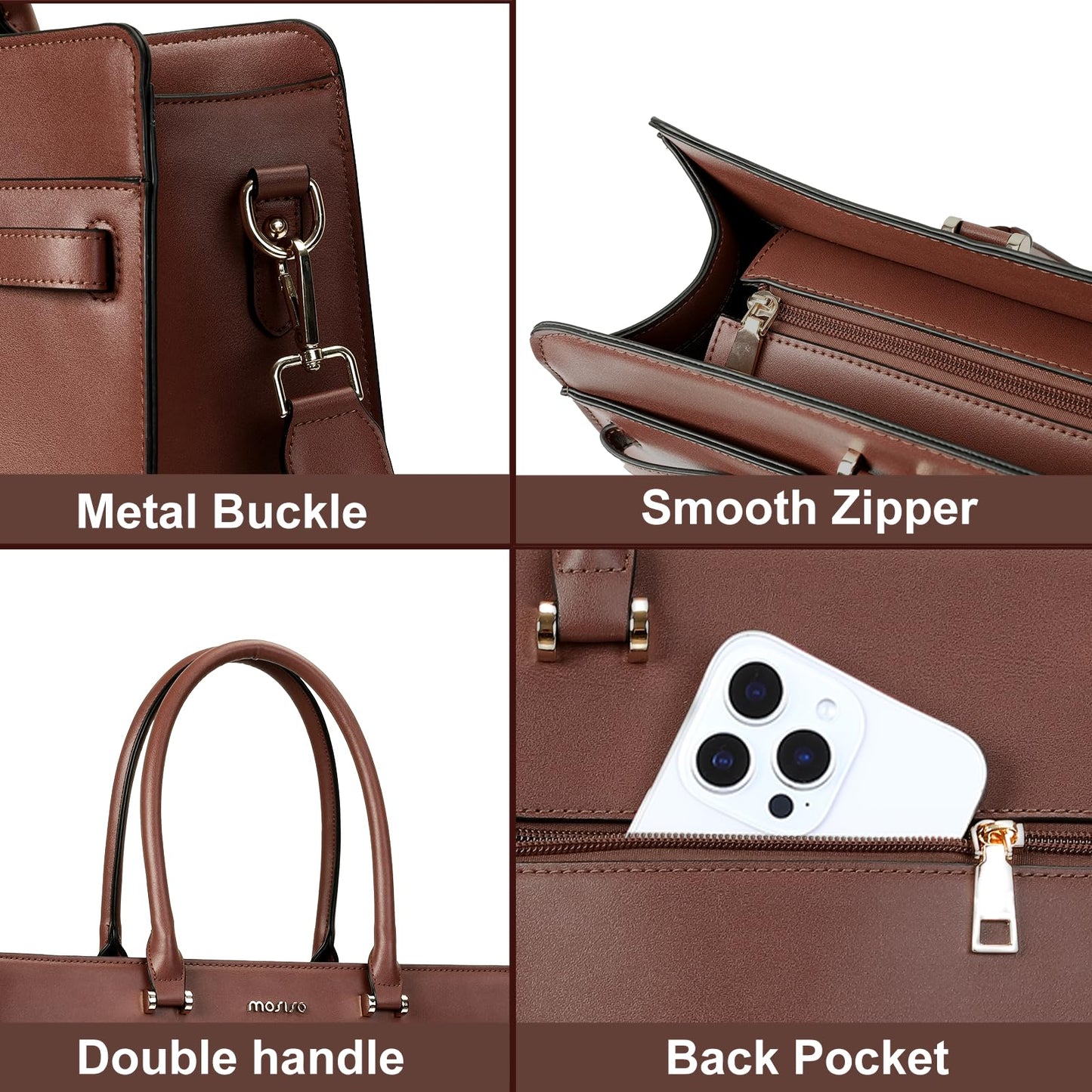 MOSISO Laptop Bag for Women, 15.6 inch Laptop Tote Bag, Waterproof Leather Front Magnetic Clasp Pocket Work Bag, Large Capacity Computer Briefcase Shoulder Bag for Teacher Office Travel, Brown
