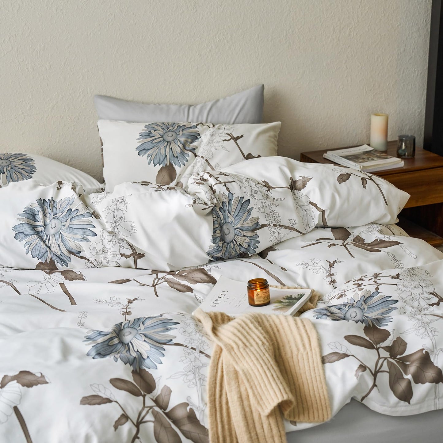 Wake In Cloud - Floral Comforter Set, Botanical Flowers Pattern Printed, Soft Microfiber Bedding (3pcs, Queen Size)