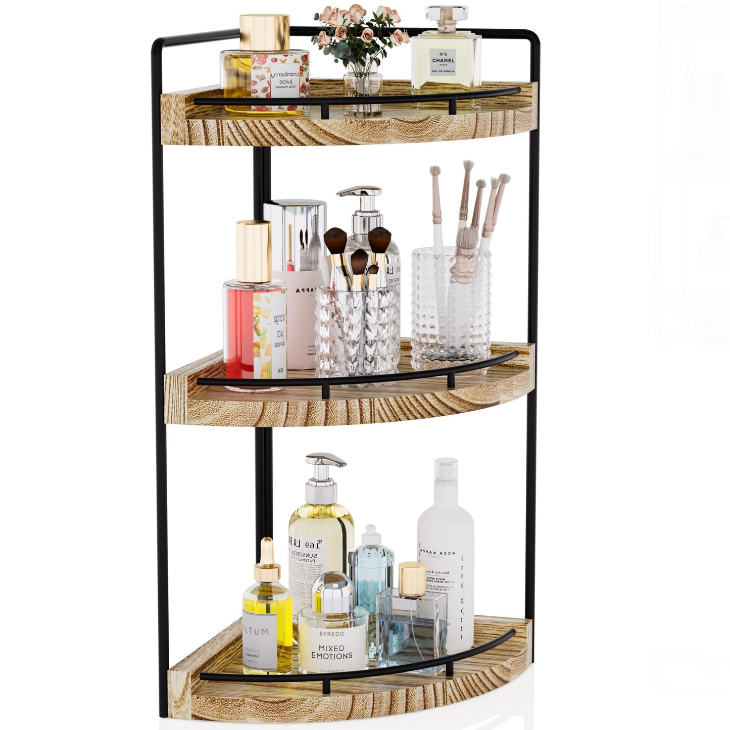 CeleVista Corner Bathroom Counter Organizer, 3 Tier Wood Vanity Storage, Waterproof Skincare Shelf for Kitchen & Toiletries Decor, Dresser(Rustic Brown)