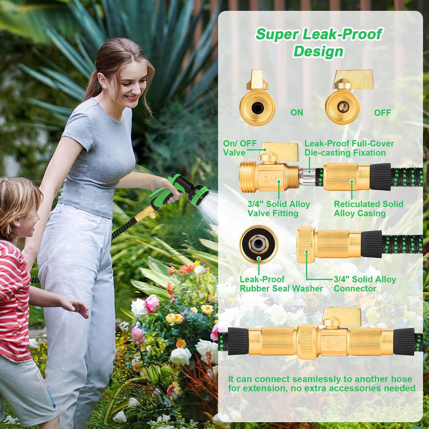 Expandable Garden Hose 50FT, 10-Function Spray Nozzle, Upgraded Latex Core Inner Pipe Retractable Water Hose with Sturdy 3/4'' Fittings Flexible Lightweight Water Hose with Hook and Storage Bag