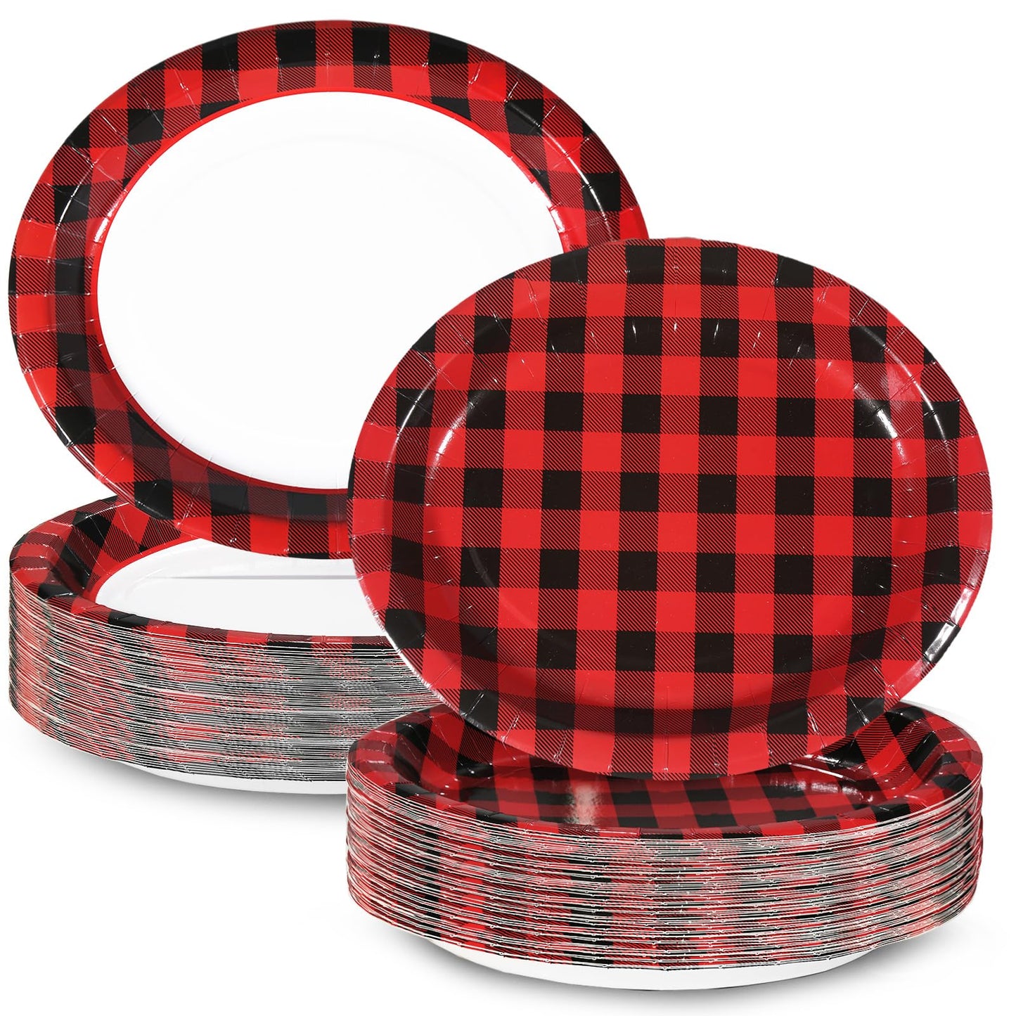 EggSun Red and Black Gingham Christmas Oval Paper Plates 10’’x 12’’, Large Disposable Heavy Duty red and black Gingham Plaid Paper Plates for Birthday Wedding Baby Shower Tea Party Supplies, 50 Guest