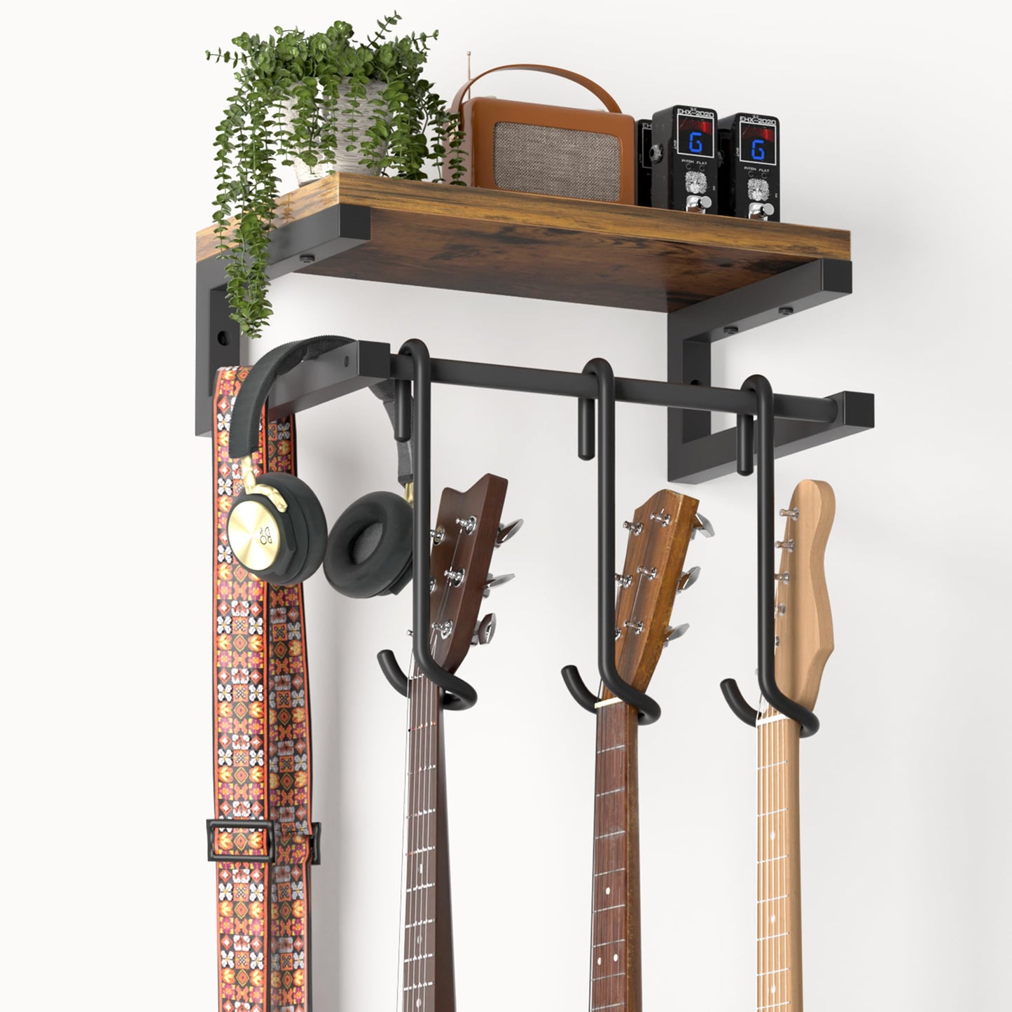 Guitar Wall Mount Hangers Holds 3 Guitars with Rustic Shelf, 3-Detachable Guitar Stand Hooks Universal Fit for Acoustic, Electric, Bass & Ukulele