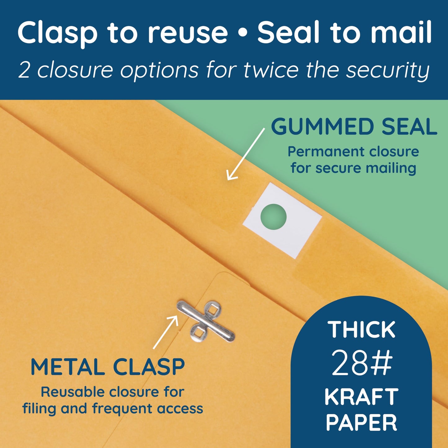 Blue Summit Clasp Envelopes, 12 x 15.5-Inch, Thick 28lb Kraft Paper, Clasp with Gummed Seal, 100 Envelopes