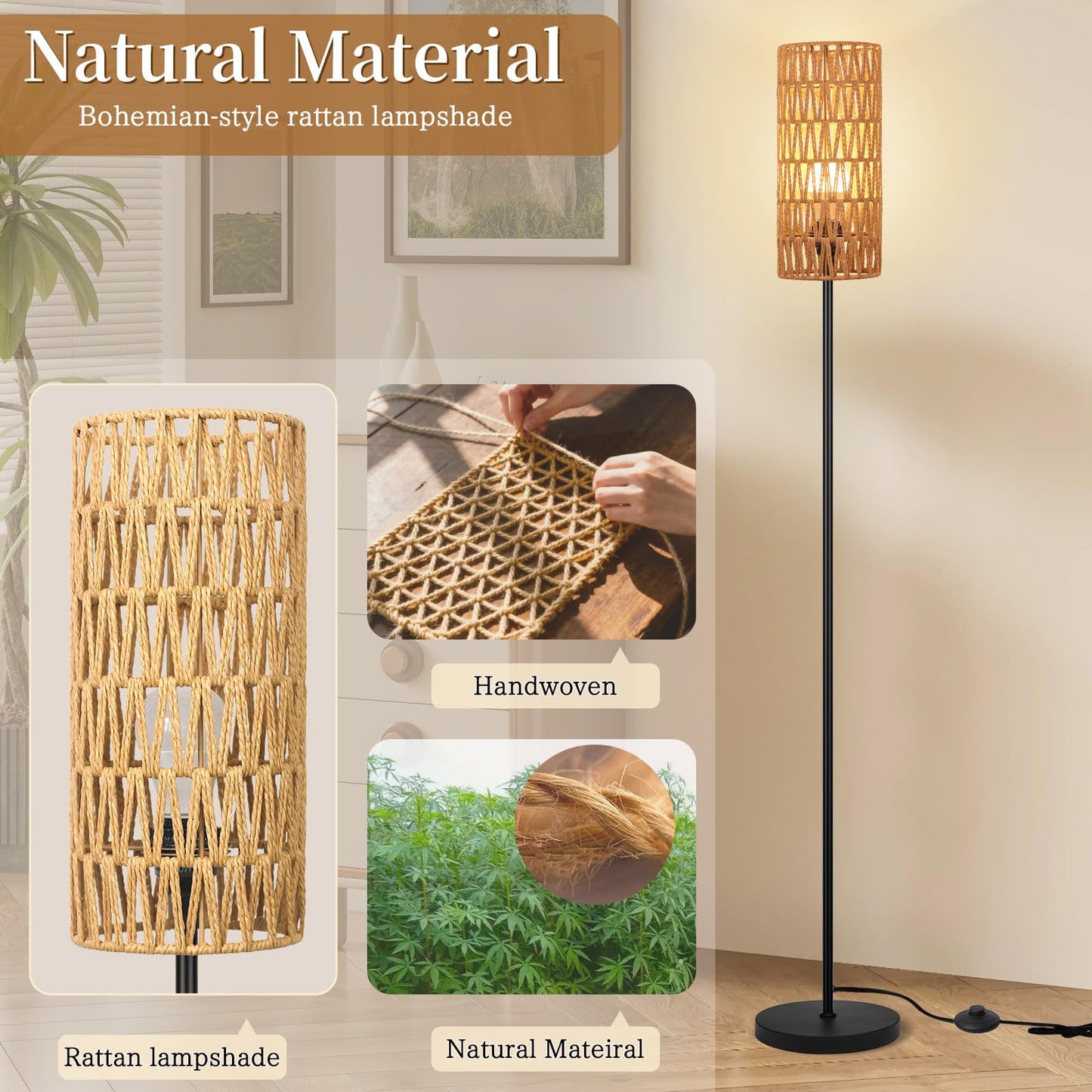 Floor Lamp for Living Room,Farmhouse Rattan Floor lamp,Modern Standing lamp with Hand-Worked Rattan Shade,Black Tall Lamp with Foot Switch