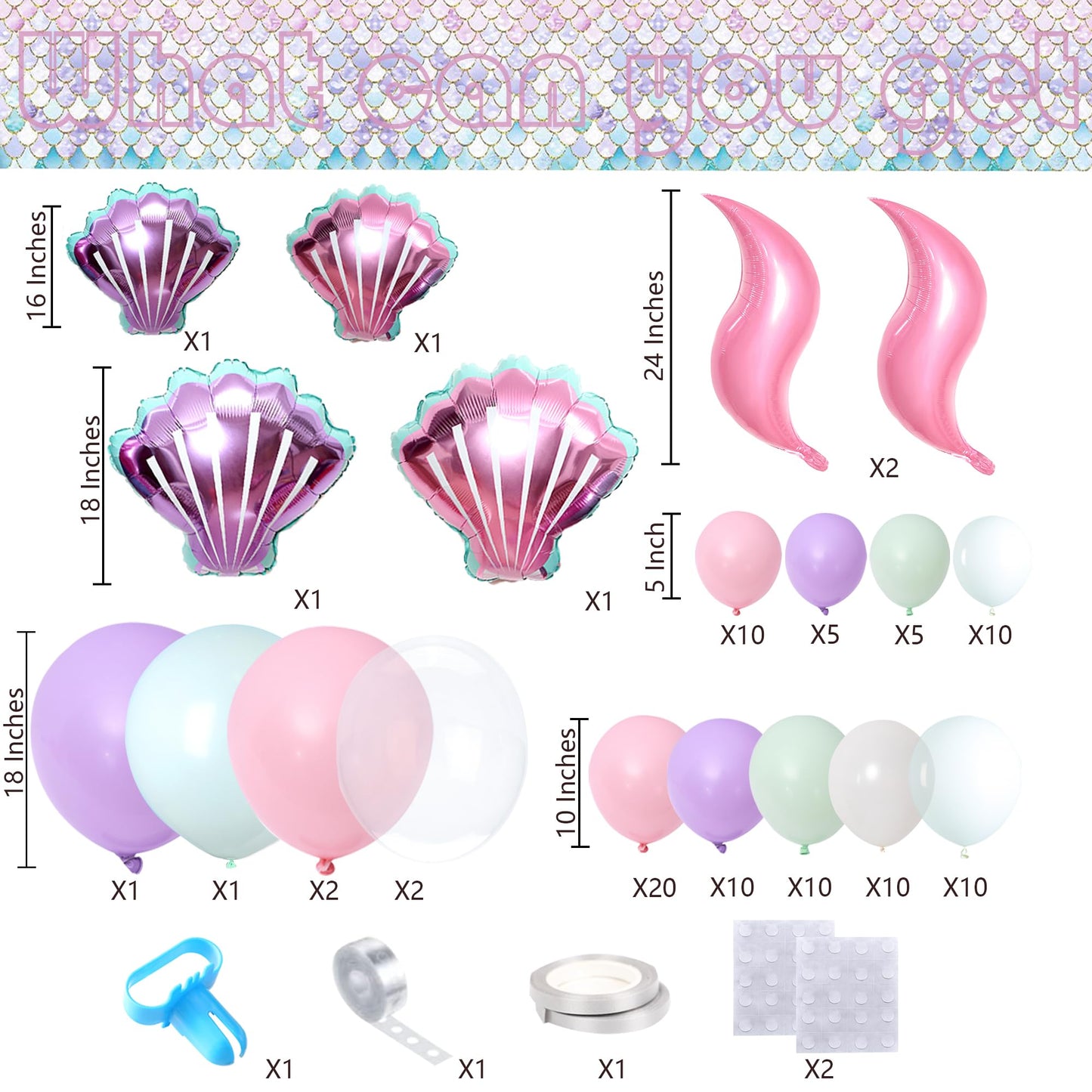Mermaid Party Supplies, Pink Mermaid Birthday Party Decorations Including Plate, Napkin, Cup, Tablecover, Happy Birthday Backdrop, Pink Balloon Arch Kit for Girls Baby Shower, Serves 20