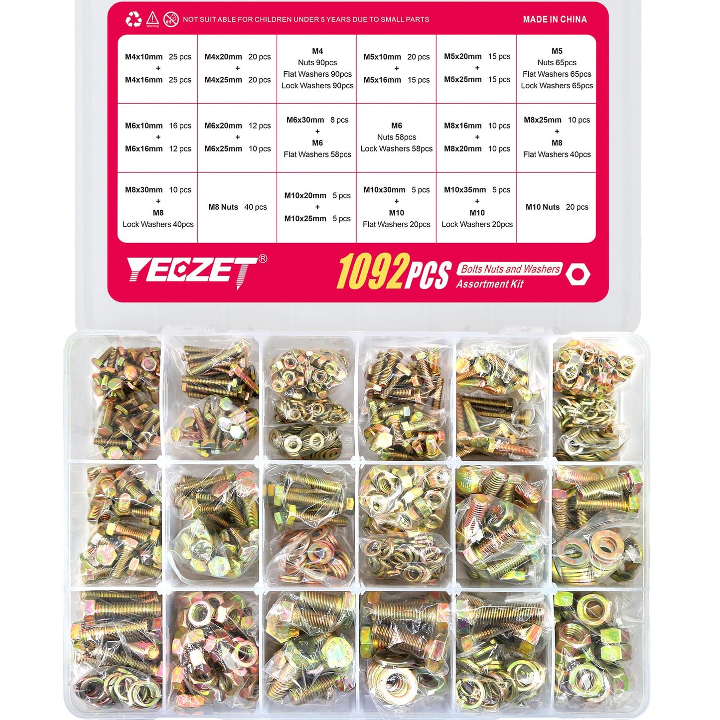 YEEZET 1092pcs M4 M5 M6 M8 M10 Metric Bolts and Nuts Kit,Grade 8.8 Heavy Duty Bolt Assortment Set,21 Most Common Sizes