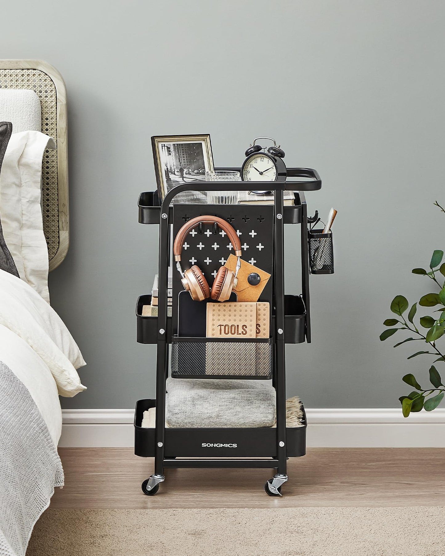 SONGMICS 3-Tier Storage Cart, Rolling Utility Cart, Metal Mesh Shelves, 2 Removable Pegboards, 2 Hanging Holders, 4 Hooks, Craft Cart for Living Room, Kitchen, Office, Bathroom, Ink Black ULRC037B01