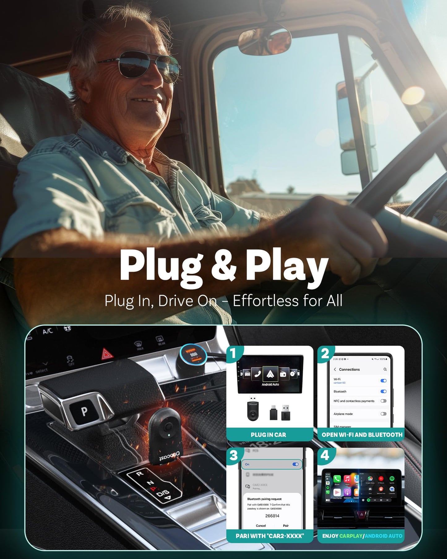 OTTOCAST Mini 2025 Wireless CarPlay & Android Auto 2-in-1 Adapter, Plug & Play, 5GHz WiFi, Auto Connect for iPhone & Android, Fits 98%+ OEM Wired CarPlay Cars