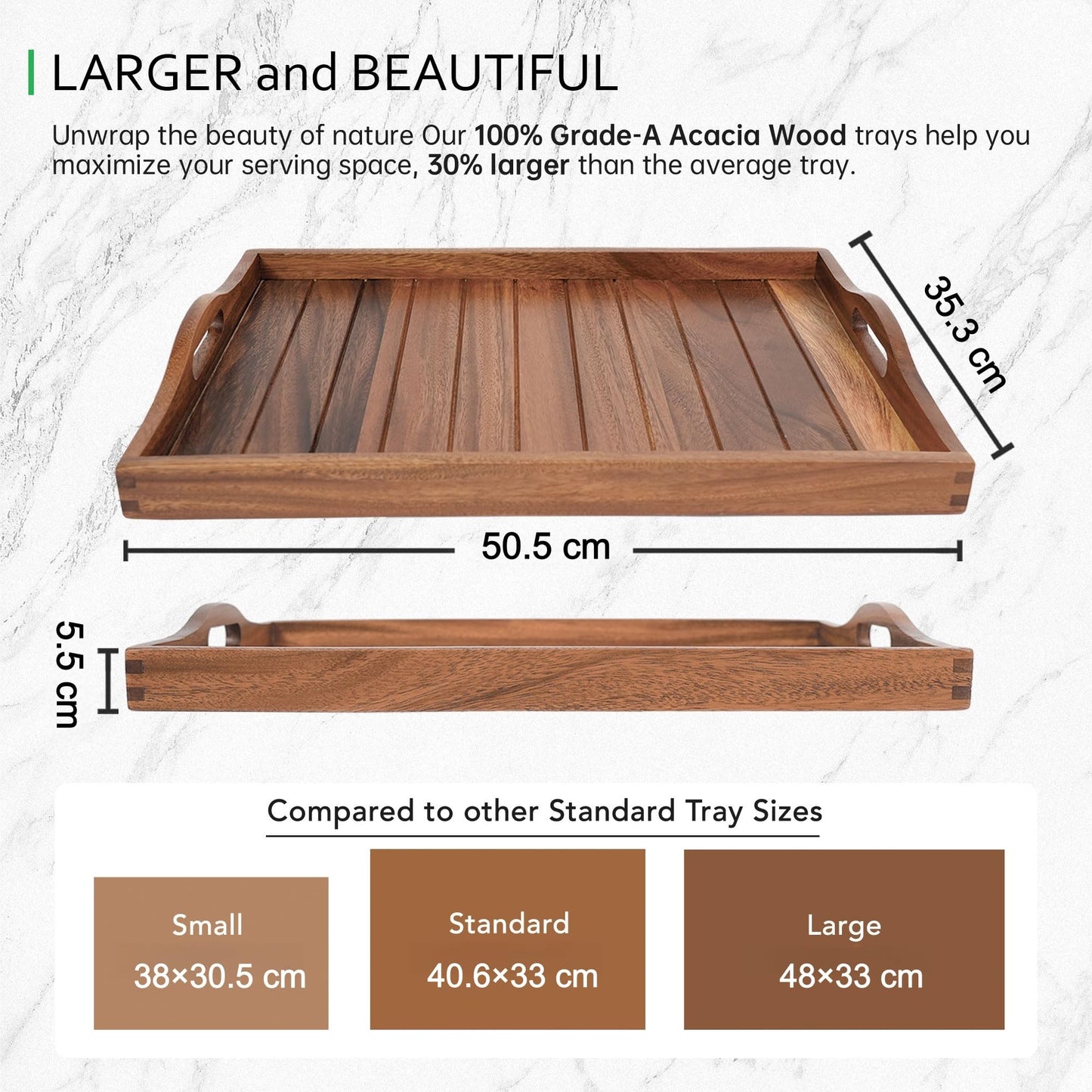 Large Acacia Wooden Serving Tray with Handles 50.5 x 35.3 cm Decorative Coffee Table Ottoman Tray for Living Room Extra Large for Dinner Food Bar Breakfast in Bed (Natural)