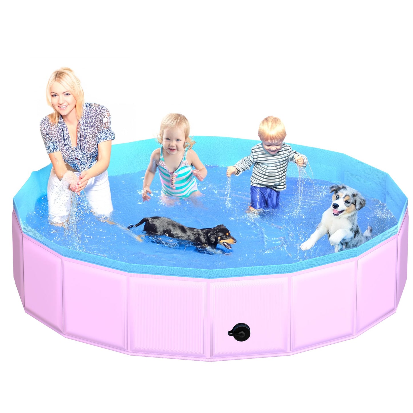 CACSPS Foldable Dog Pool, 87" x 12" Kiddie Pool with Hard Plastic, Non-Slip Dog Bath Tub for Outdoor Backyard, Collapsible Dog Swimming Pool for Kids Dogs Pets (Pink)