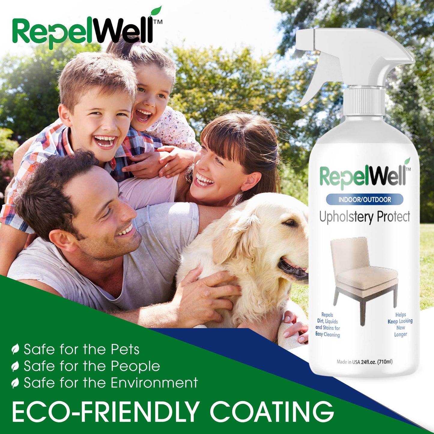 RepelWell Upholstery Protect Stain & Water Repellent Spray 24oz – Non-Toxic, Pet-Safe Formula for Fabric, Leather, & Suede – Long-Lasting Stain Guard Keeps Furniture Clean & New