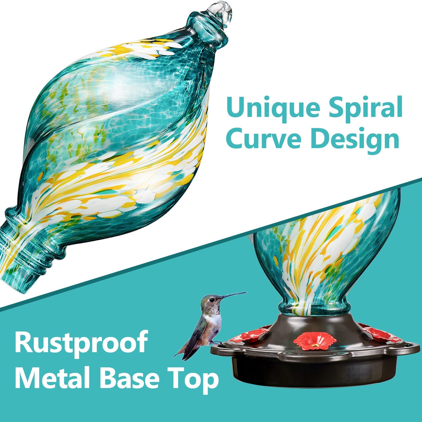 LUJII Ice Cream Shaped Spiral Hummingbird Feeder for Outdoors Hanging, Hand Blown Glass, 28 fl.oz, Leak Proof & Rustproof, Includes Metal Hook, Unique & Stylish Glass Art & Decor, Teal