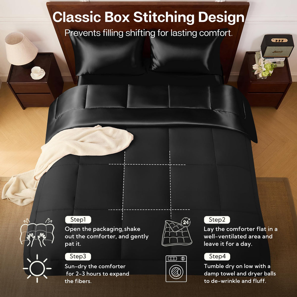 MR&HM Queen Comforter Set Black, Reversible Satin Microfiber Comforter Set for All Seasons, 3 Pieces Non-Slip Silky Soft Bedding Sets with 1 Comforter (90"x90") and 2 Pillowcases (20"x26")