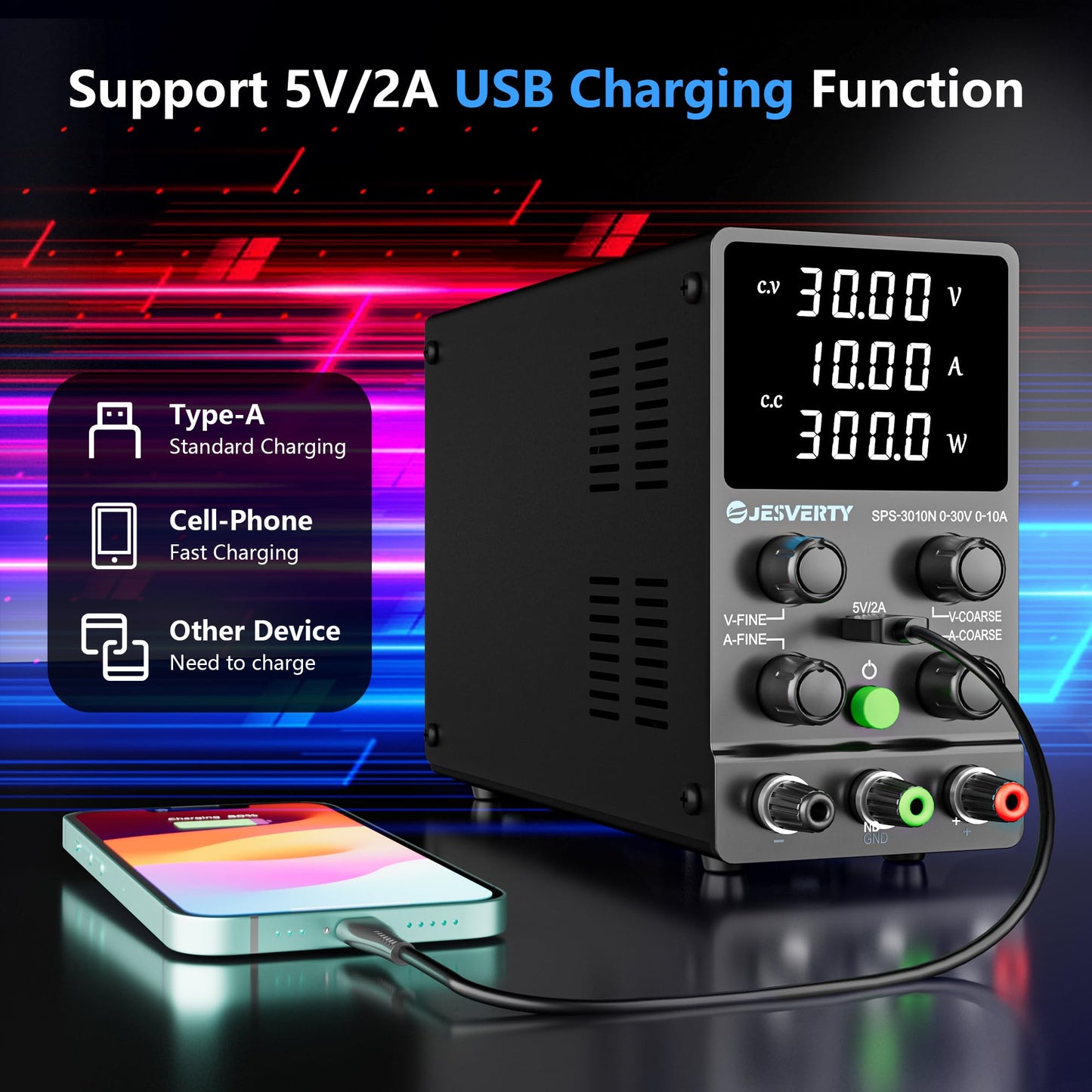 Jesverty DC Power Supply Variable, 0-30V 0-10A Adjustable Switching DC Regulated Bench Power Supply with High Precision 4-Digit LED Display, 5V/2A USB Port, Coarse and Fine Adjustment SPS-3010N