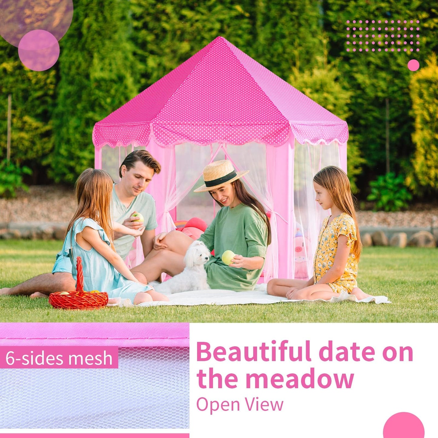 Sumbababy Princess Castle Tent for Girls Fairy Play Tents for Kids Hexagon Playhouse with Large Star Lights Toys for Children or Toddlers Indoor or Outdoor Games (Pink)
