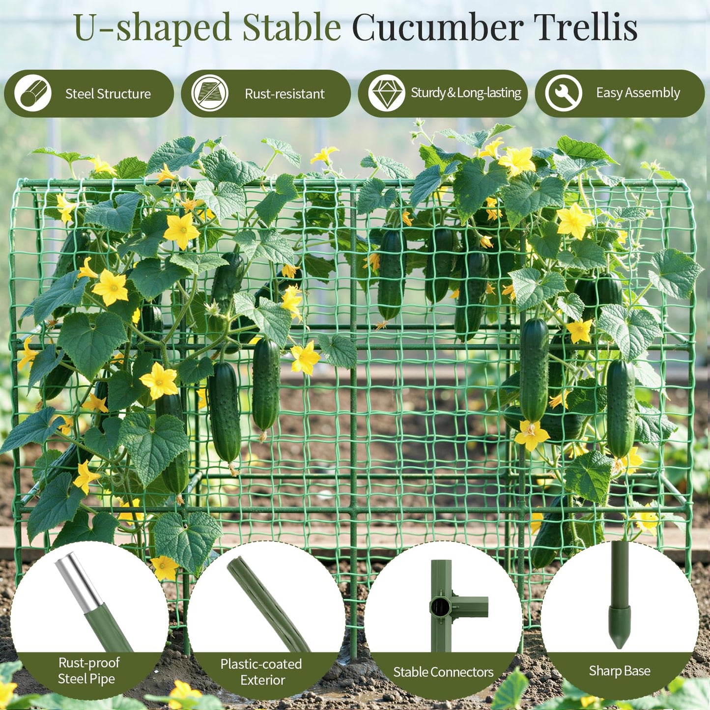 Housolution Cucumber Trellis for Raised Bed, 67"×48" U-Shape Garden Trellis for Climbing Plants Outdoors with 2×3m Net for Tomato Squash Zucchini Peas Beans Grape Fruit Flowers, Green