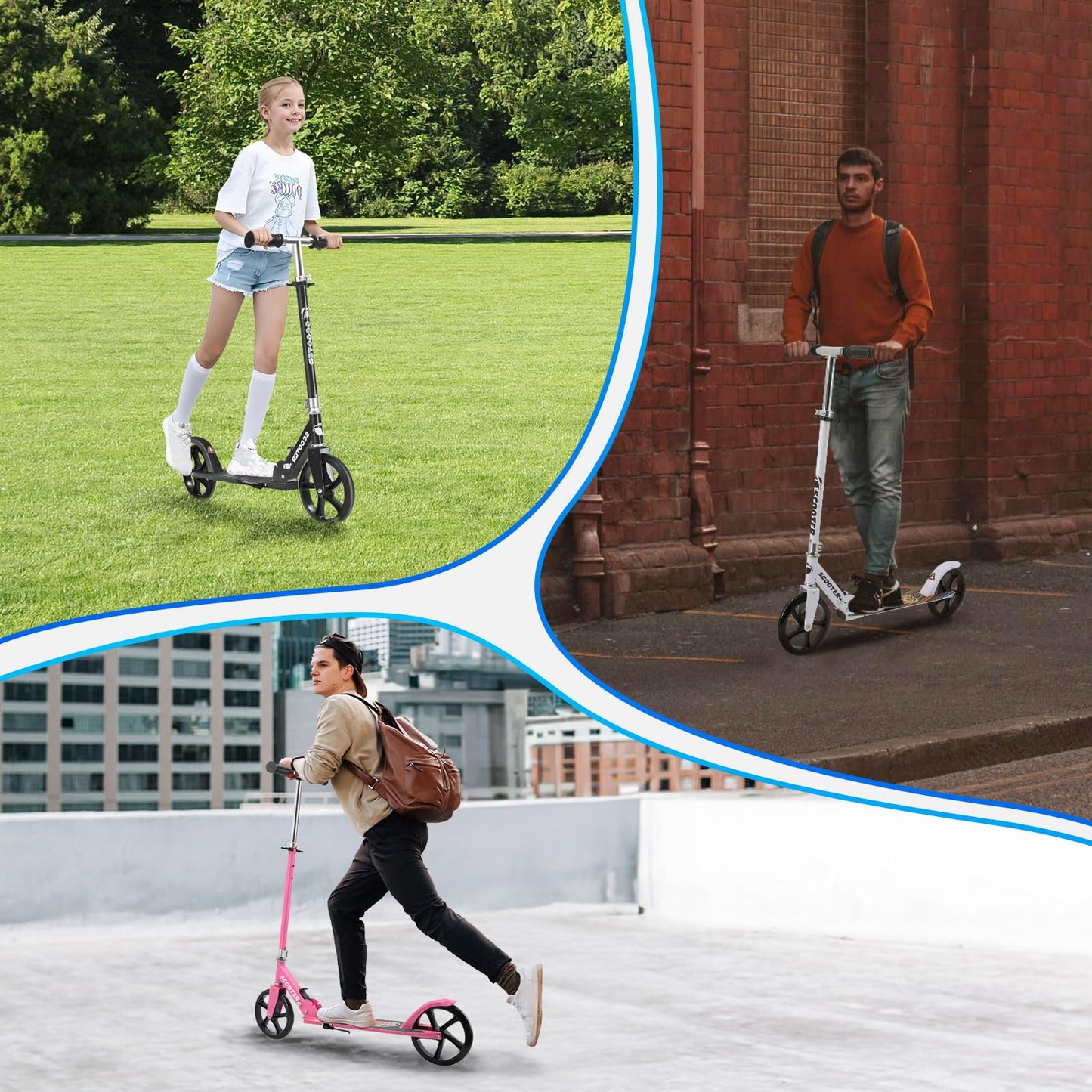 Leefleuy Folding Big Wheel Scooter for Kids Ages 6+,3 Adjustable Levels and Kick Stand,Kids Scooter Age 8-12,City Scooter for Teens & Adults 11-15 (White)
