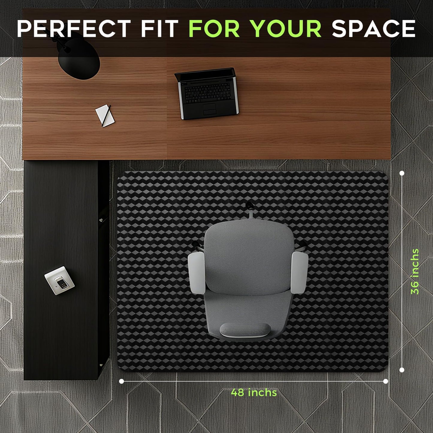 FRUITEAM Office Chair Mat, Unique Diamond-Shaped Pattern, 36" X 48" Computer Chair Mat for Carpet, Non-Slip, Easy Glide PVC Desk Floor Mat for Home, Office, Gaming(Black)