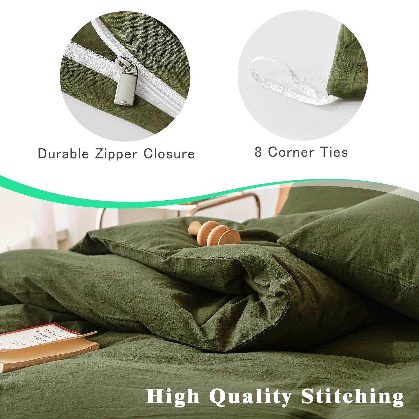 FANSTIVE Duvet Cover Set Queen Size, 100% Washed Cotton, Linen Like Super Soft and Breathable, 3 Pieces Olive Green Bedding Duvet Covers, Farmhouse Comforter Cover with Zipper Closure(No Comforter)