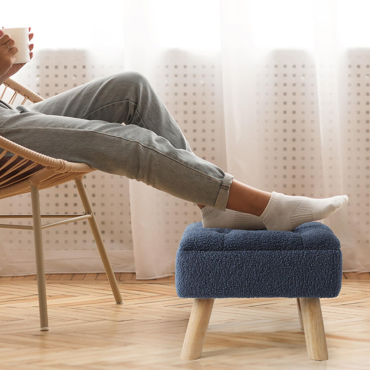OGEMXU Storage Ottoman, Small Foot Stool Ottoman with Storage, Boucle Teddy Velvet Foot Rest with Padded Seat. (Dark Blue)