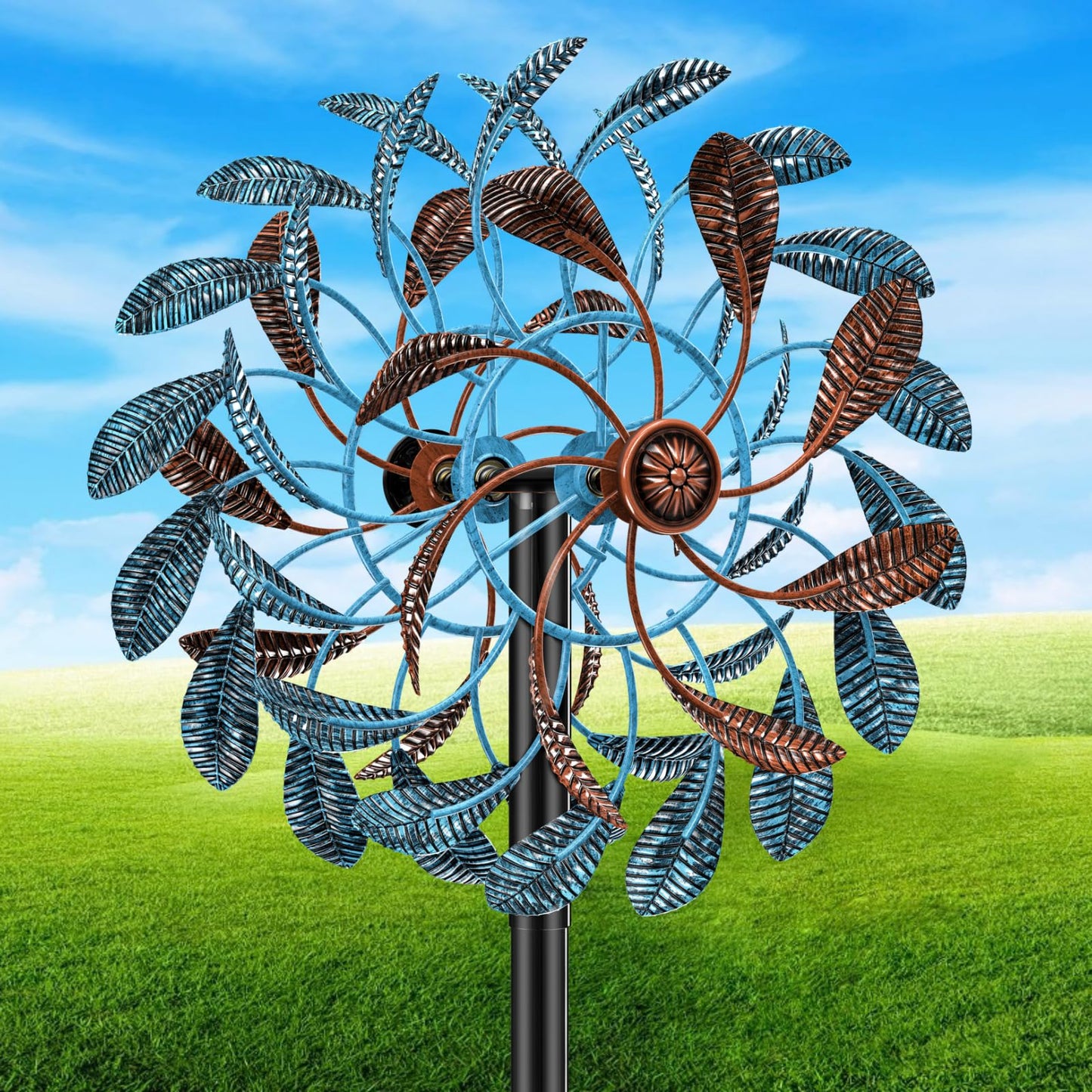 360° Wind Spinners Outdoor, Wind Sculptures Windmill with Metal Stake, Kinetic Large Metal Yard Art Decor Spinners Pinwheels for Garden Outside Patio Lawn, 63.2 * 13.2" (Blue+Brown)