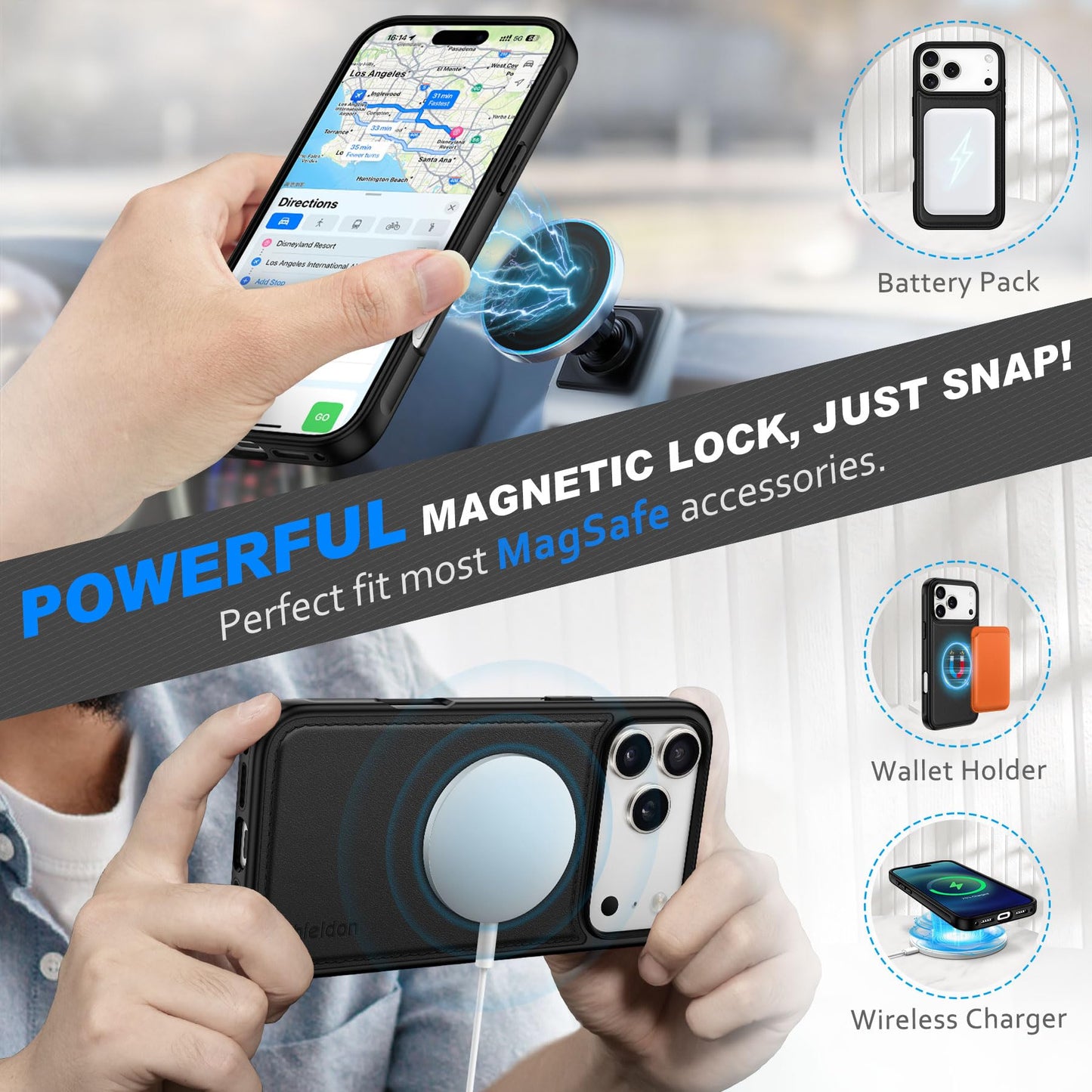 SHIELDON Genuine Leather Detachable Wallet Case for iPhone 17 Pro Max 6.9", Wireless Charging | Removable Cover |Magnetic Kickstand | RFID Blocking | 3 Card Slot 2025 - Nappa Black