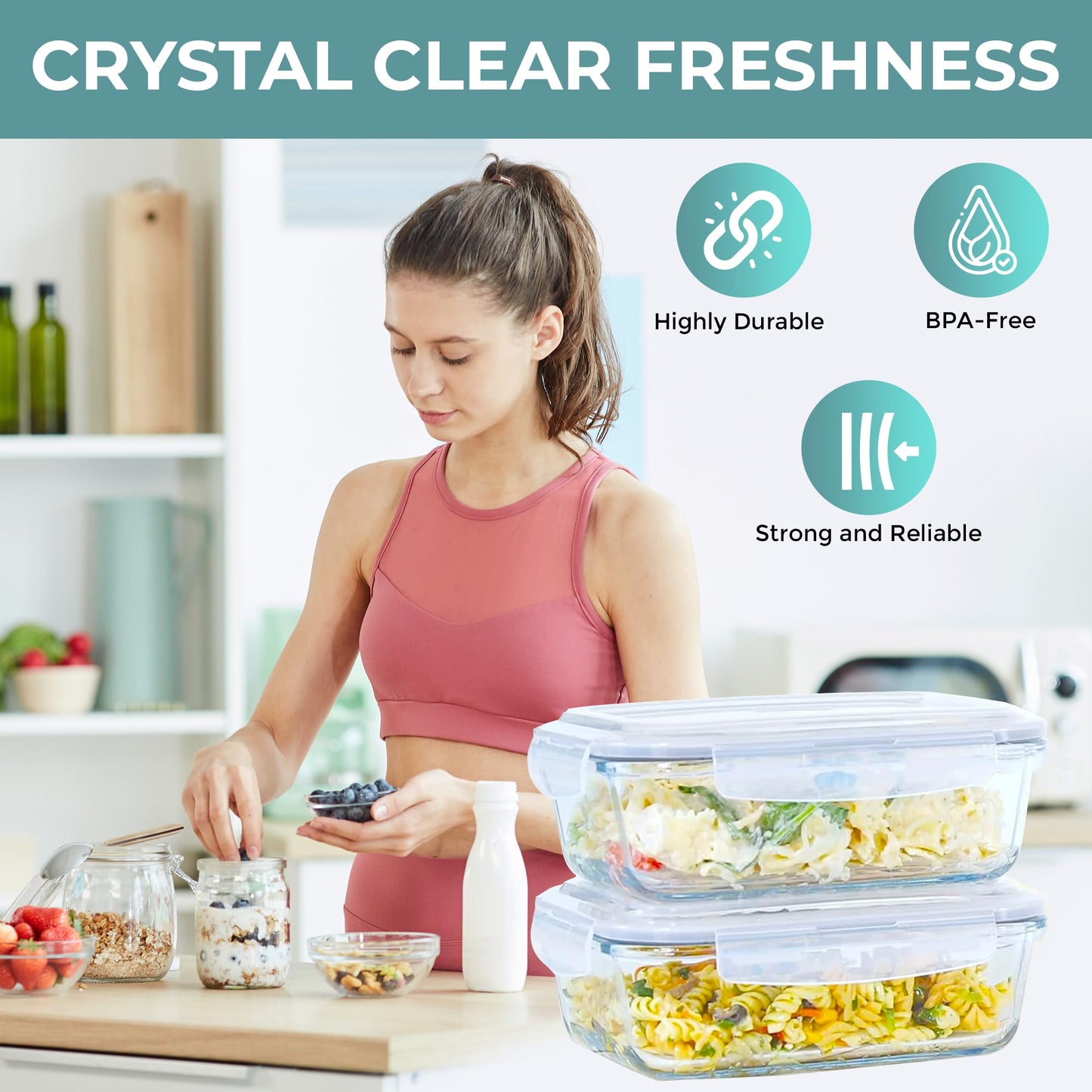 Razab 6.5 Cups / 52 Oz 2 Pack Large Glass Container Food Storage with Lids - Leakproof, BPA-Free Large Meal Prep Container Ideal for Roasting Turkey, Store Leftover - Microwave & Oven Safe