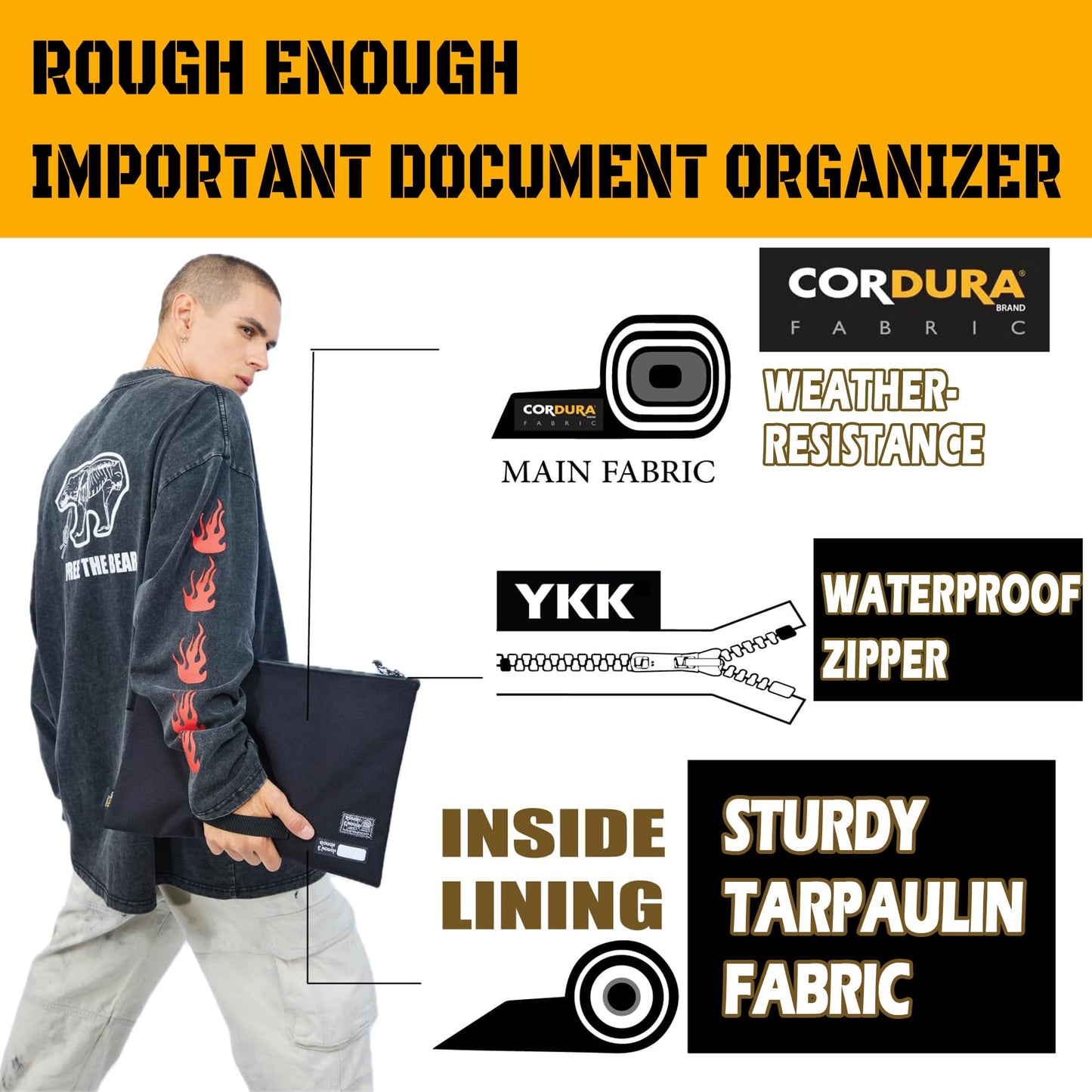 Rough Enough Big Document File Folder Organizer Holder Bag Pouch A4 Paper Letter Manila Size Case Large Carry Legal Notebook Storage for Filing with Zipper Handle Pen Loop Waterproof Black