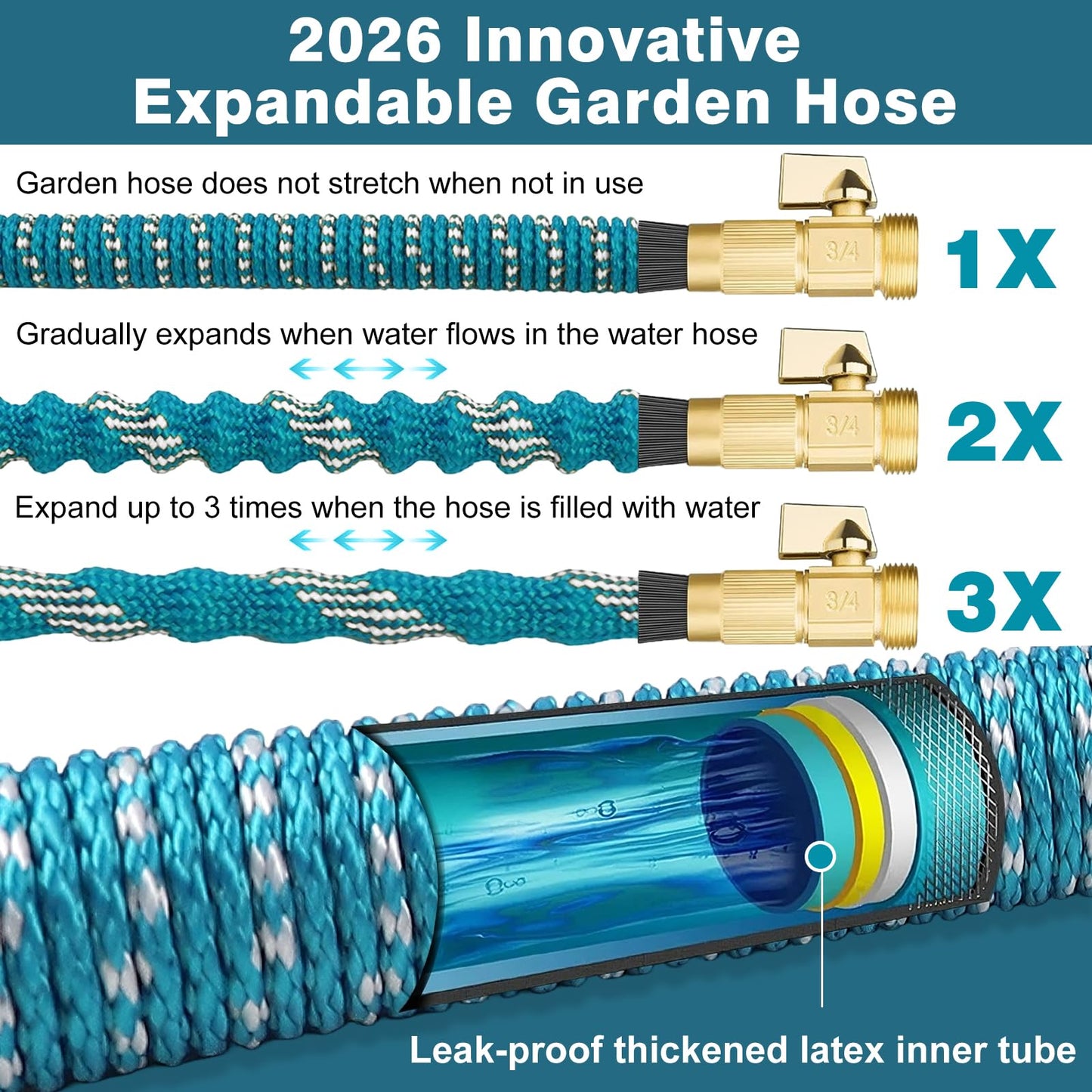 Expandable Garden Hose 100ft with 10 Spray Functions Nozzle,Kink Free Lightweight Retractable Watering Pipe with Hook,Storage Bag,3/4 Solid Solid Fittings,3-Layers Latex,Blue