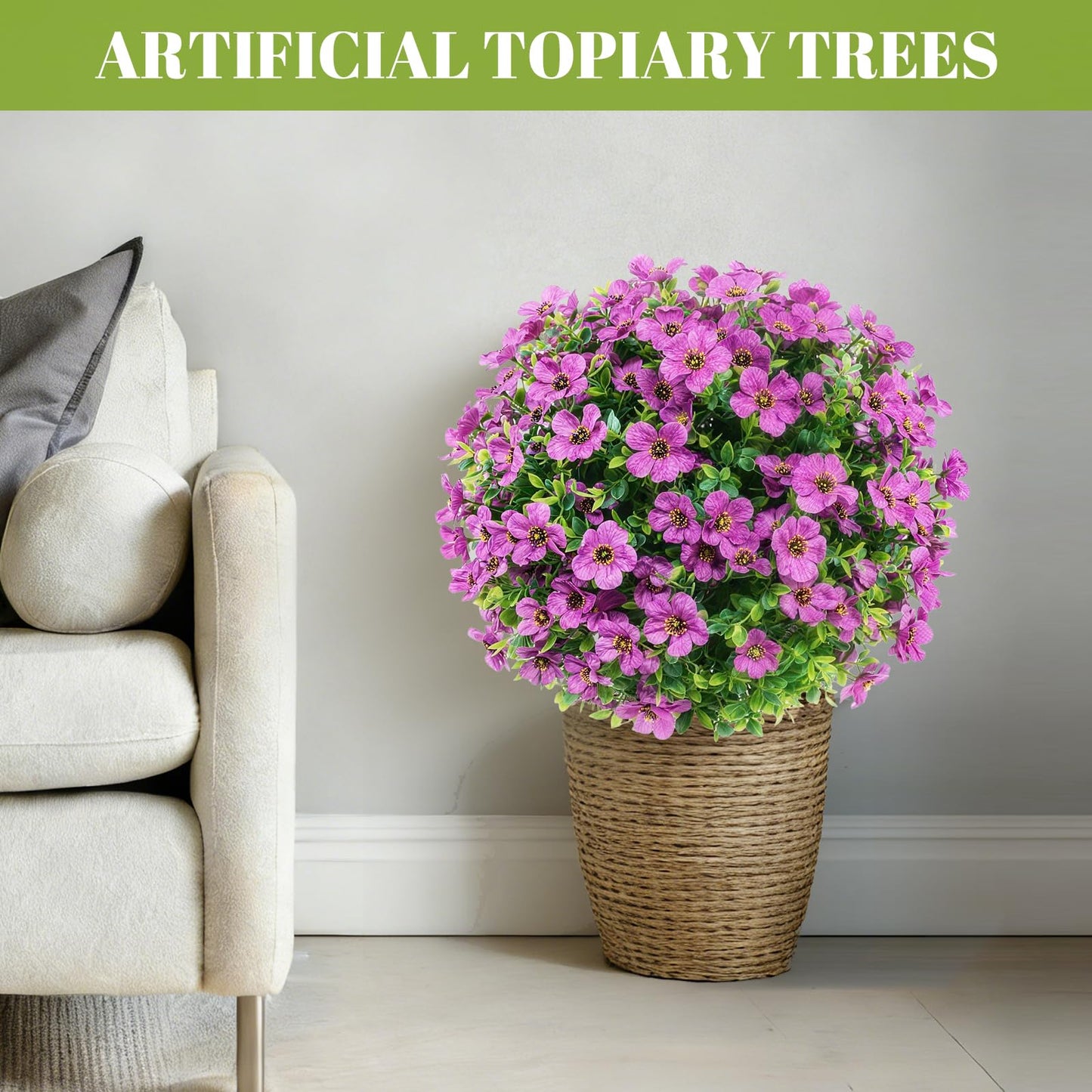 KANEODOT 24''Artificial Flowers for Outdoors,2 Pack Topiary Ball Trees Fake Outdoor Plants with Ground Spike,UV Resistant Faux Shrubs for Garden,Porch,Front,Patio,Violet