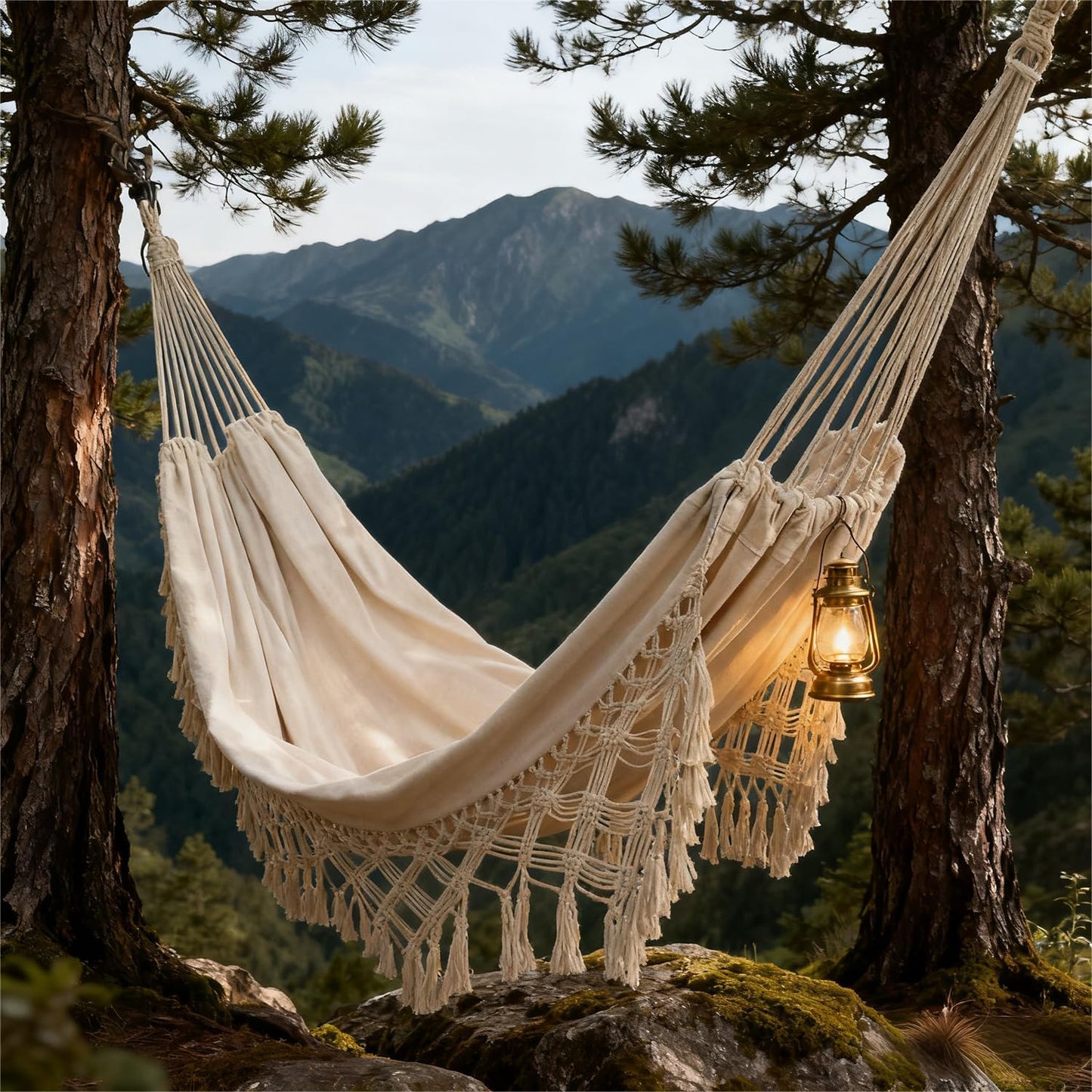 Goutime Double Sized Boho Macrame Black Hammock with Elegant Tassels and Fishtail Knitting 485Lbs Includes Tie Ropes and Black,Beige, Drawstring Bag (Beige)