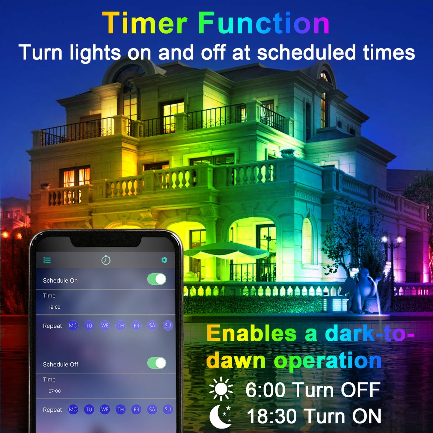 2 Pack LED Flood Light Outdoor 60W Equivalent 6000LM RGB Floodlight with APP Control, DIY Scenes, Timing, Music Sync, IP66 Waterproof Outdoor Lights