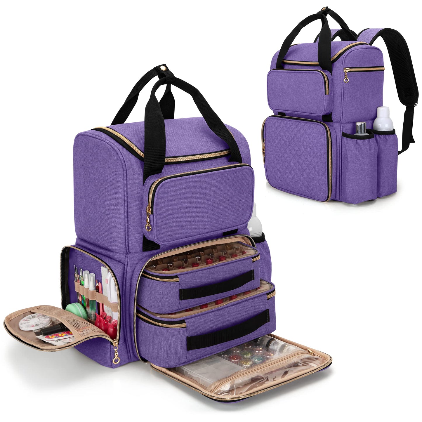 Luxja Nail Polish Organizer (Backpack Version) Holds 70 Bottles and a Nail Lamp, Travel Nail Polish Bag with 2 Removable Cases and Tools Storage Pockets (Patent Pending), Purple