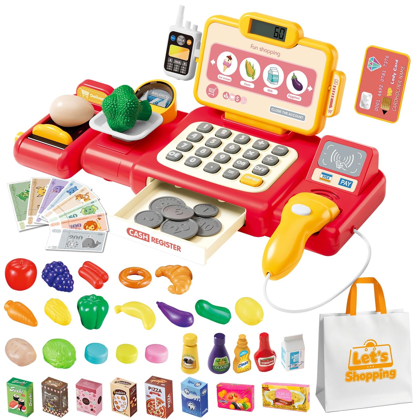 Kids Pretend Play Cash Register Toy Set for Supermarket Shopping, Cosplay Kitchen Toys Educational Learning Toy for Children Boys Girls Birthday (Red)