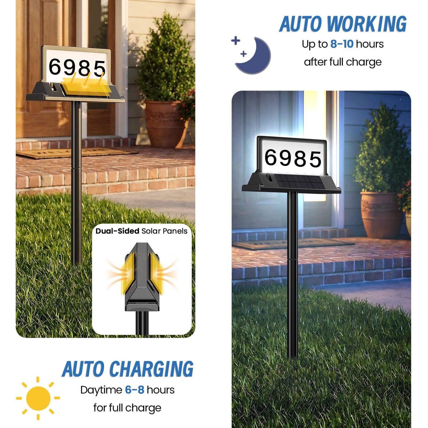 Solar Address Sign for House Numbers – Dual-Sided LED & Dual-Sided Solar Panels, 8 Color Modes, IP65 Waterproof Address Plaque, Strong Magnetic/Stake/Wall Mount, Dusk-to-Dawn for Mailbox Yard Driveway