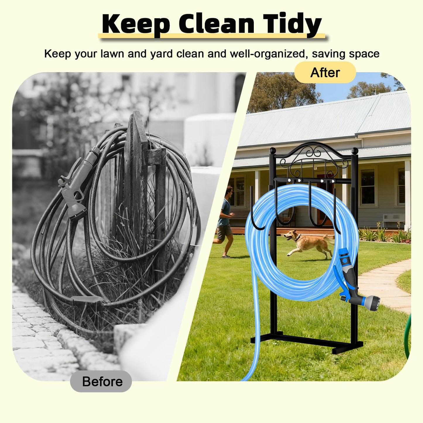 Garden Hose Holder, Easy Coiling & Tangle-Free Metal Hose Reel, Portable Water Hose Storage Organizer for 100FT Hoses, Freestanding Hose Holder for Lawn, Yard and Garden, Black