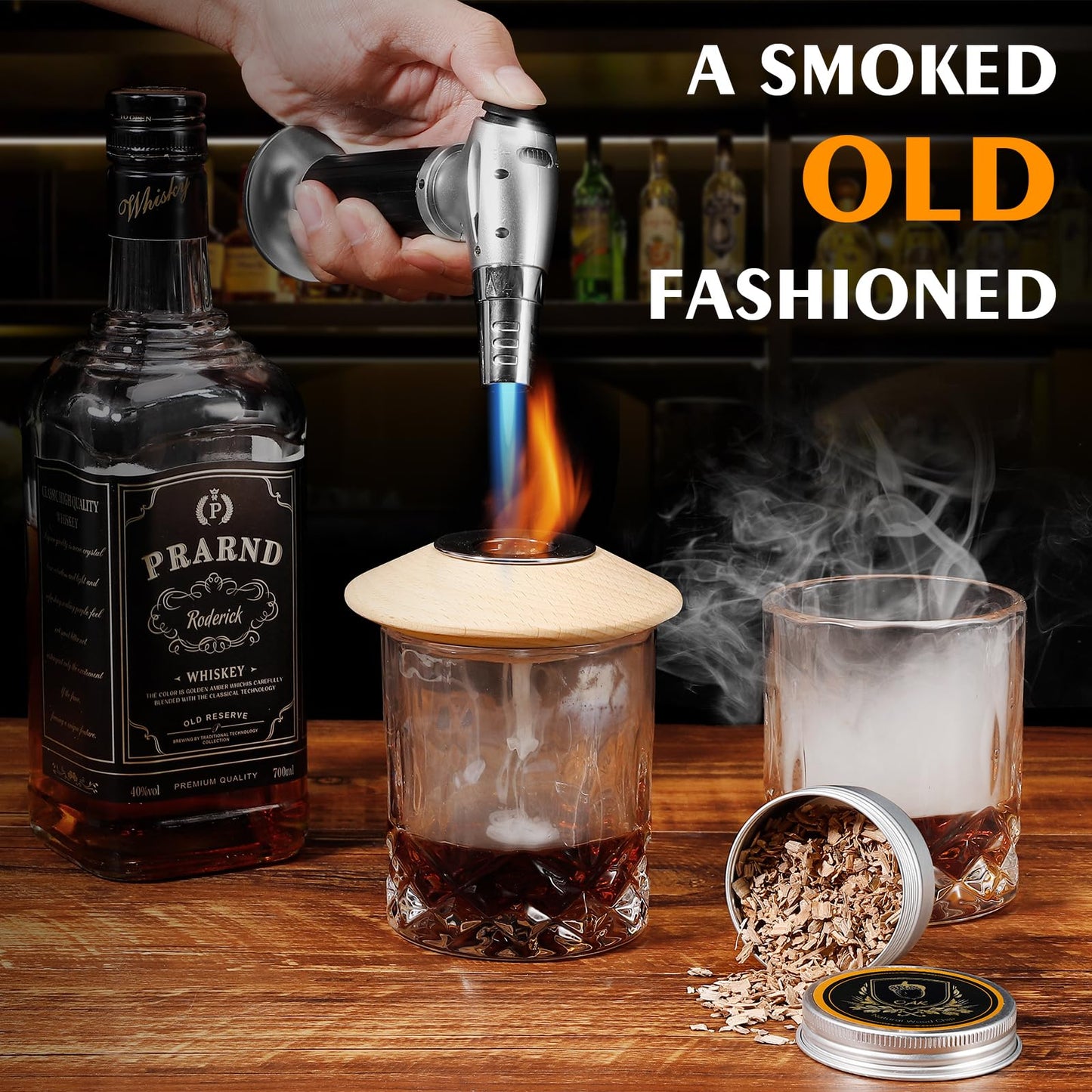 Whiskey Smoker Kit with Torch, 2 Glasses, 6 Flavors Wood Chips, 2 Ice Ball Molds, Cocktail Whisky Old Fashioned Drink Smoker Infuser Kit, Birthday Gifts for Father Men, Dad, Husband(No Butane)