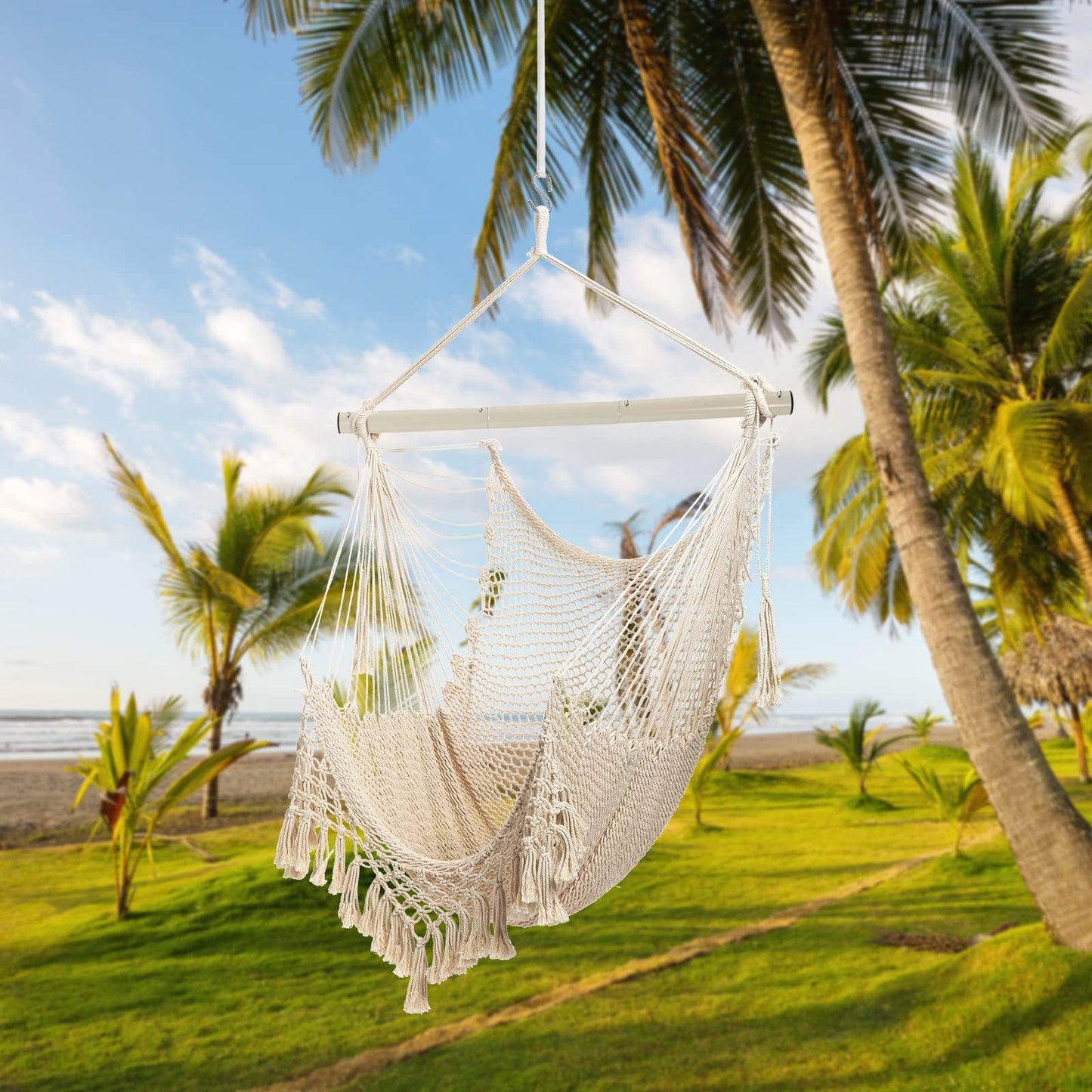 Hammock Chair, Large Hanging Chair, Soft Cotton Rope Swing Chair with High Load-Bearing Metal Rod,Indoor Outdoor Garden Yard Living Room Beige