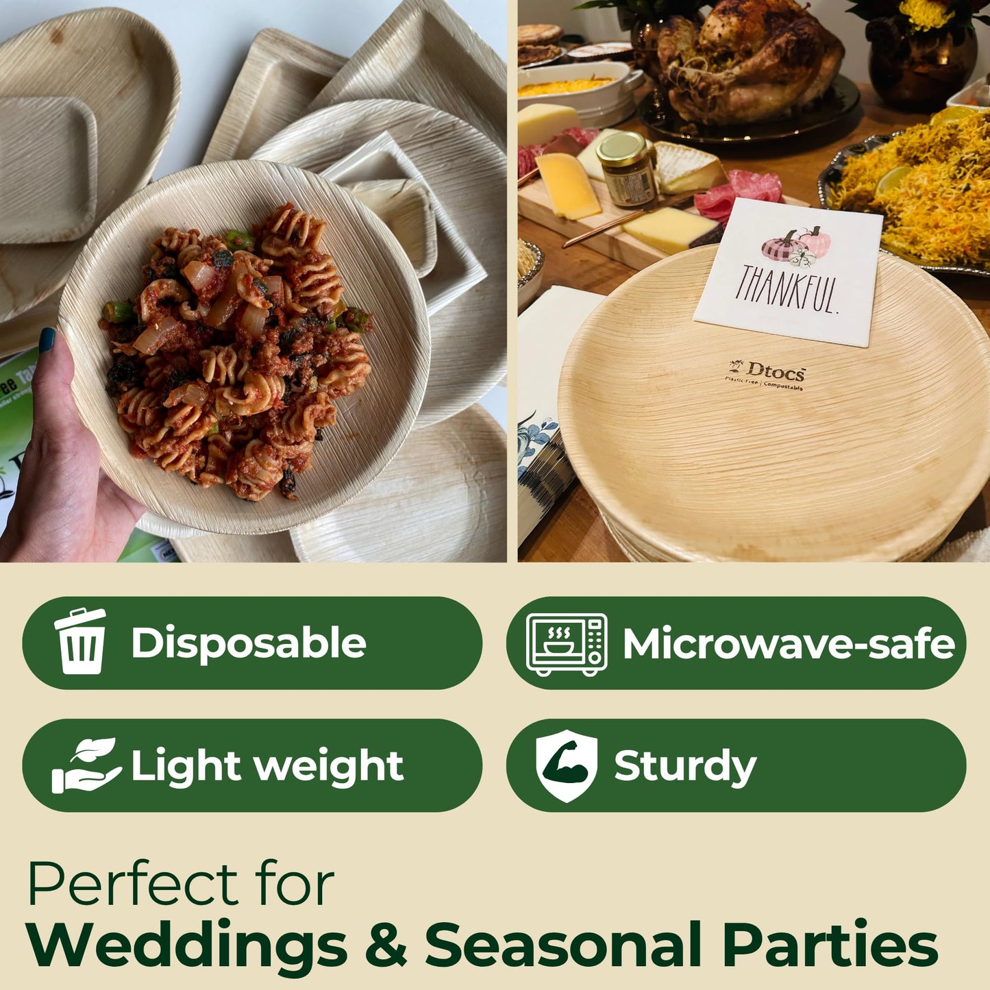Dtocs Palm Leaf Disposable Plates (50 Pcs.) – 10 Inch Dinner, 7 Inch Dessert Plate Set (25 Each) | Eco-Friendly Rustic Bamboo, Wooden Plate Look Party Dinnerware Set | Sturdy Alt Round Paper Plates