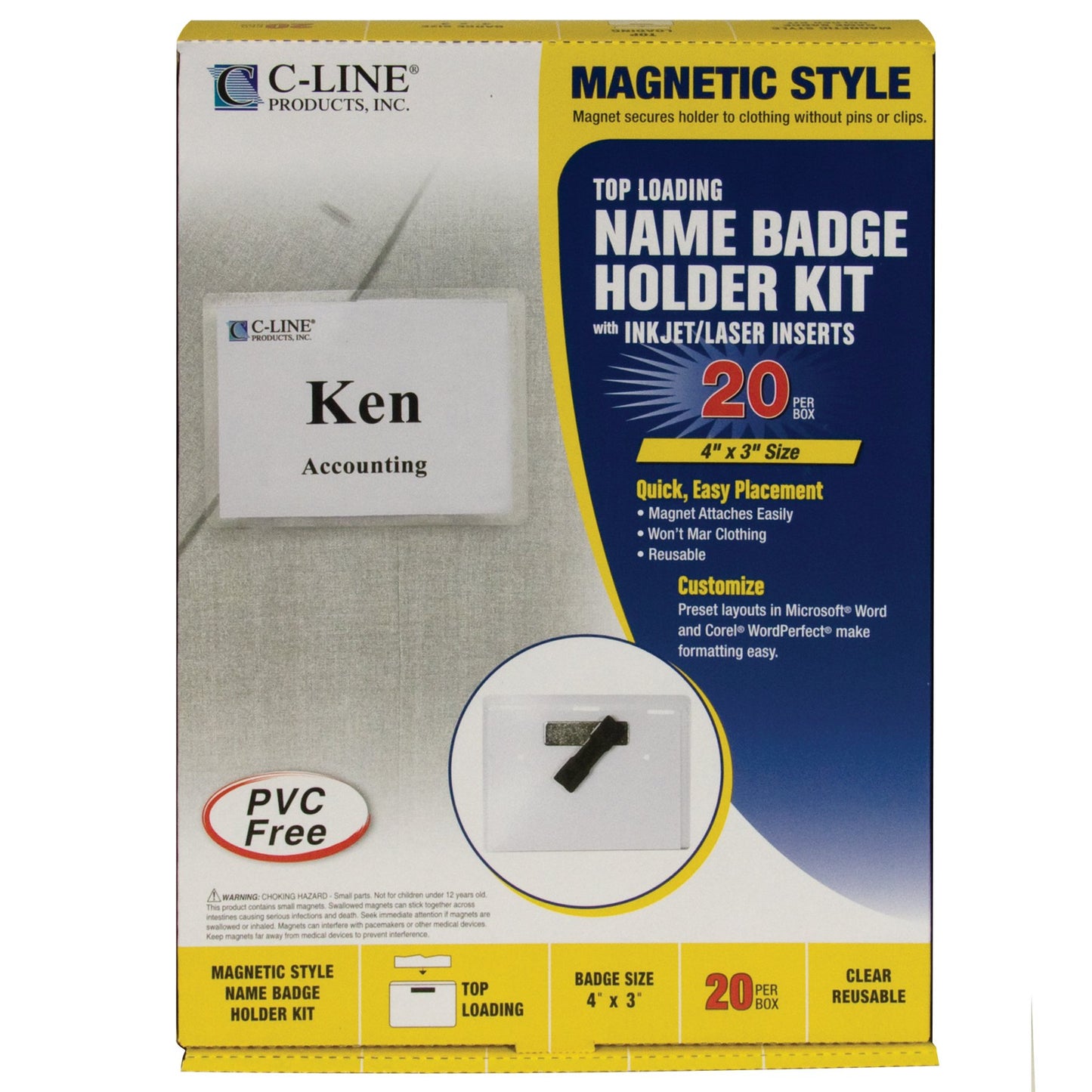 C-Line Magnetic Name Badge Holder Kit, Horizontal, 4 x 3 Inches, Clear, 20/Box (92943)