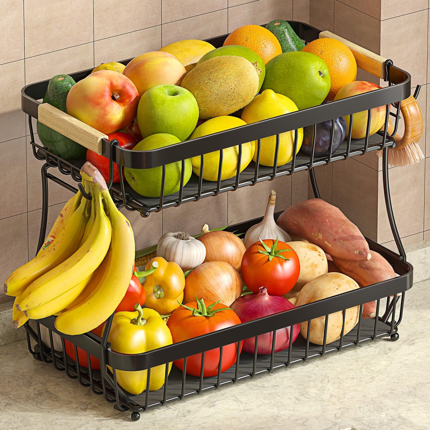 Sevenblue 2 Tier Fruit Basket for Kitchen Counter with 2 Banana Hangers, 2026 Pro Detachable Metal Fruit Bowl with Wooden Handle,Fruit Holder for Bread Snack Veggies, Black Extra Large