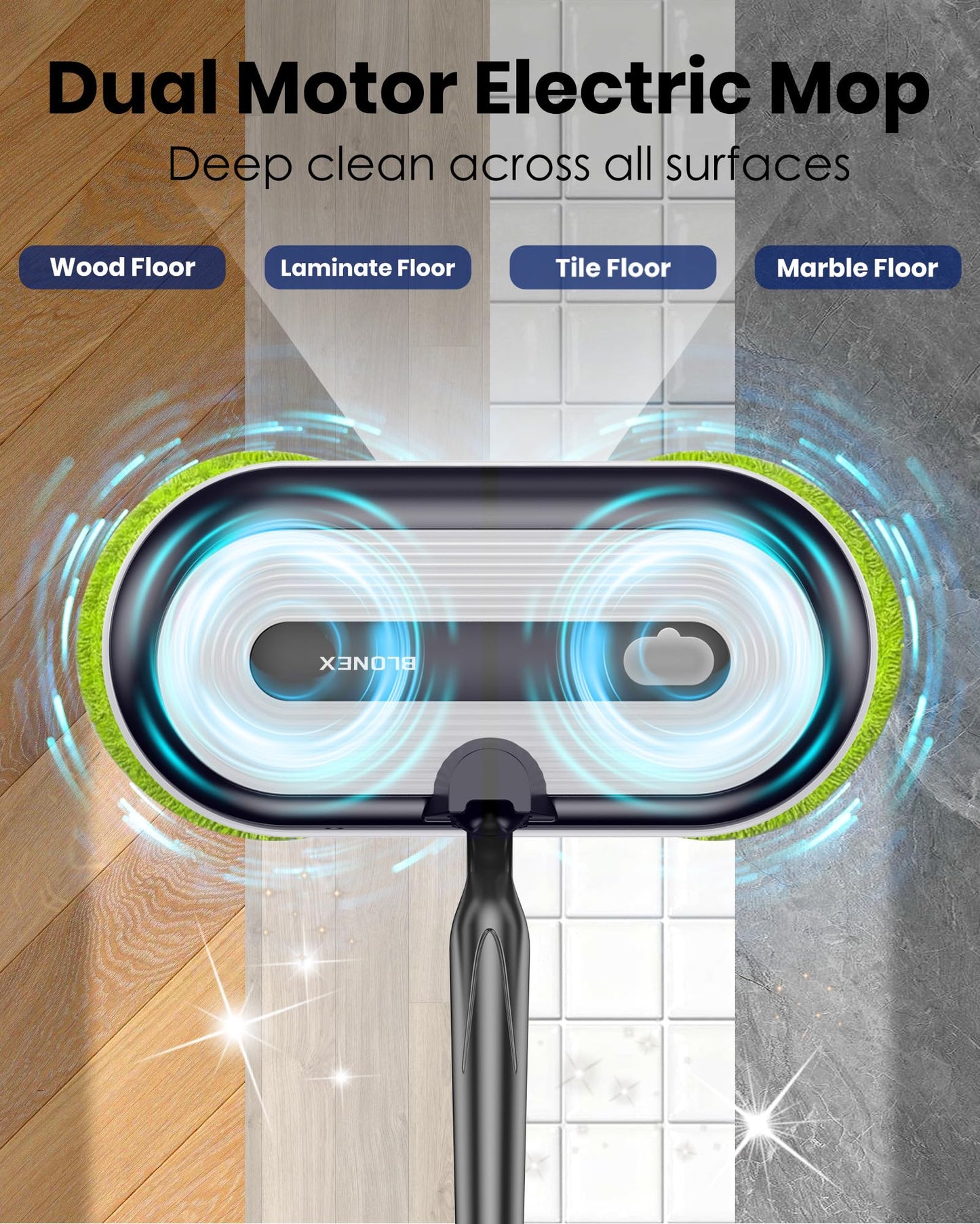 Blonex Cordless Electric Mop, Electric Spin Floor Mop with LED Headlights & Water Sprayer, Long-Lasting Battery, Large 290ml Tank, Self-Propelled Floor Cleaner with Adjustable Tube for All Floors