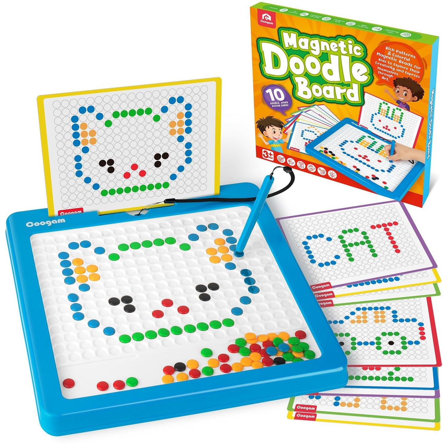 Coogam Magnetic Drawing Board, Large Magnet Doodle Board with Pen and Dot Beads, Color Shape Pattern Art Pad, Montessori Educational Traveling Toy Gift for Kids