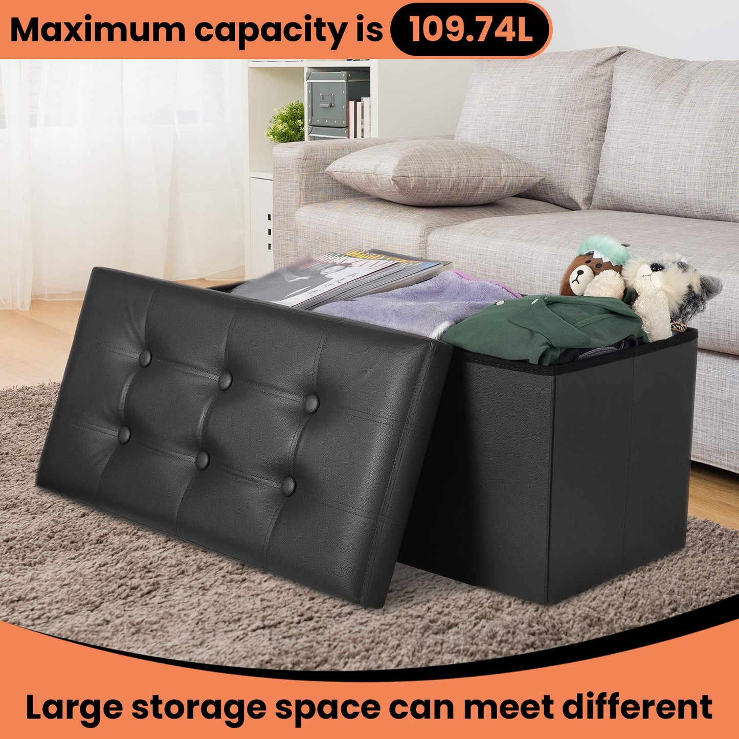 COSYLAND Faux Leather Bench Ottoman with Storage, 76x38x38 Centimeters Folding Ottoman with Storage for Bedroom, Large Collapsible Bench Ottoman for Living Room (Black)