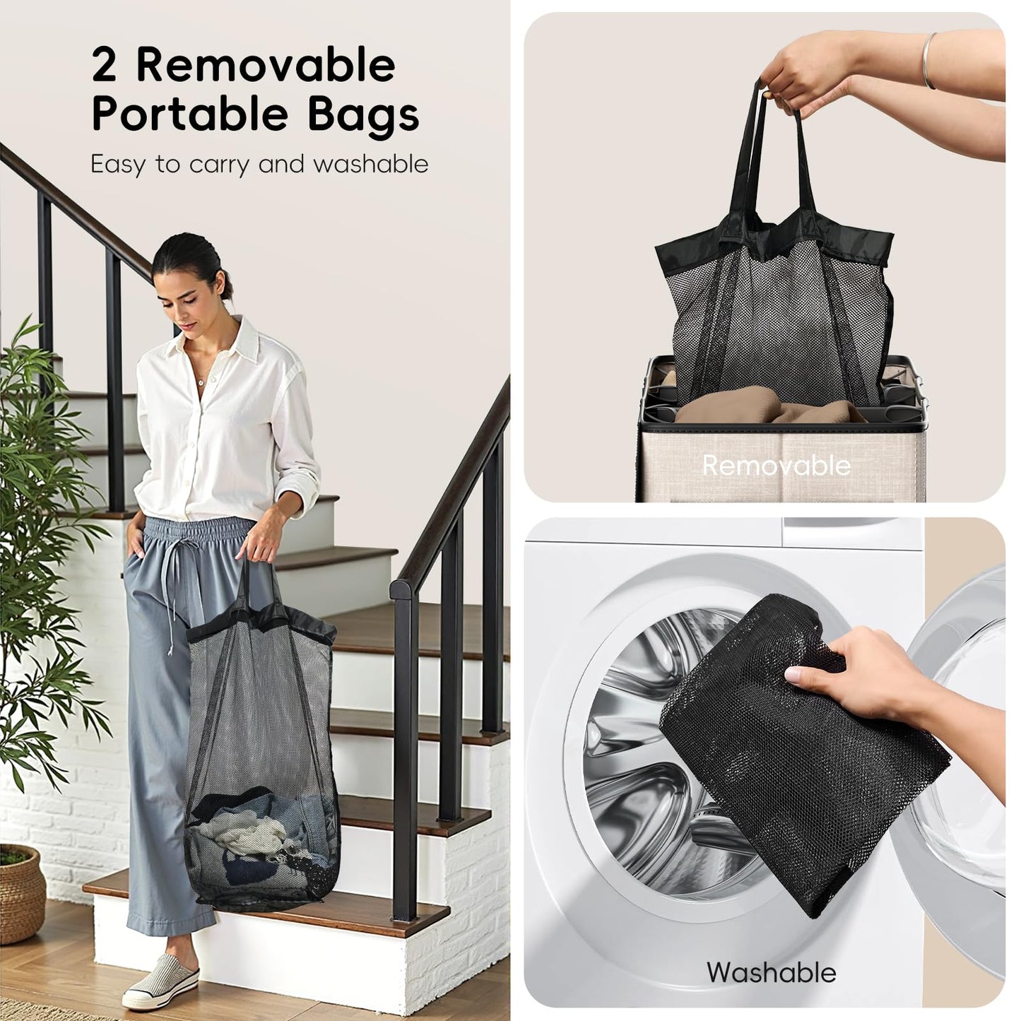 Vexalora 150L Double Laundry Hamper With Lid, Large Clothes Hampers with Removable Bag, Laundry Hamper 2 Section for Bathroom, Bedroom, Laundry Room, Dorm, Beige