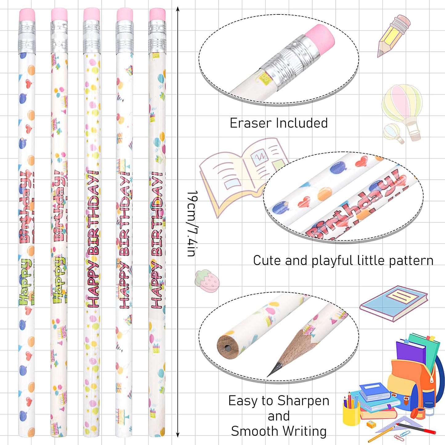 150 Pieces Happy Birthday Pencils Colorful Printed Birthday Pencils with Top Erasers Perfect For Teachers Class Reward BirthdayParty Kids Gifts Supplies